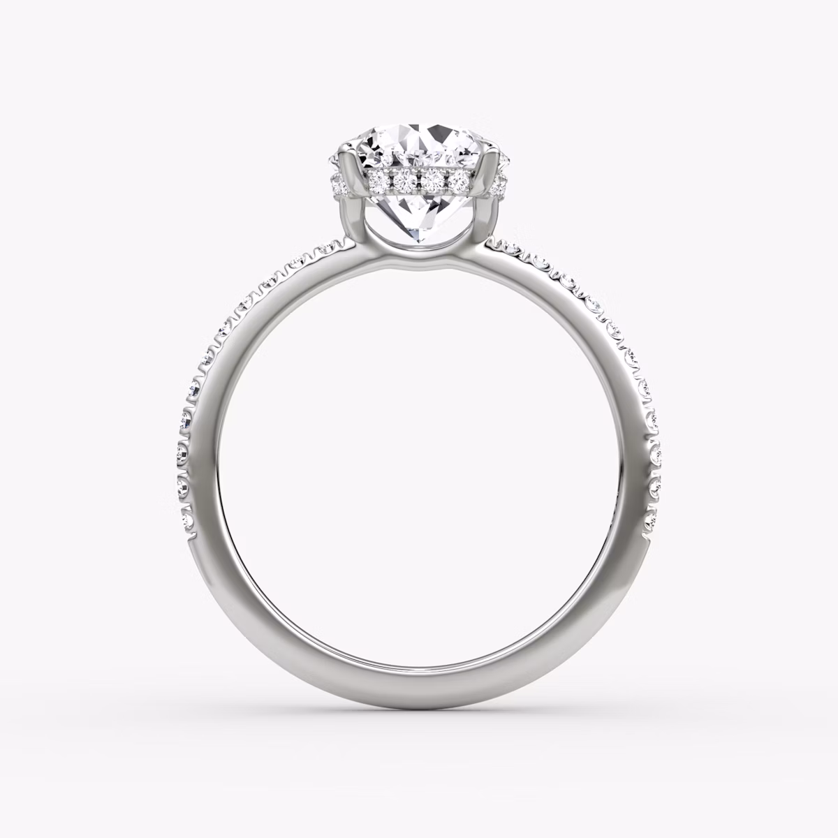 The Signature | Round Brilliant | 18k | White Gold | bandAccent: Pavé | bandWidth: standard | caratWeight: other | hiddenHalo: yes | diamondOrientation: vertical