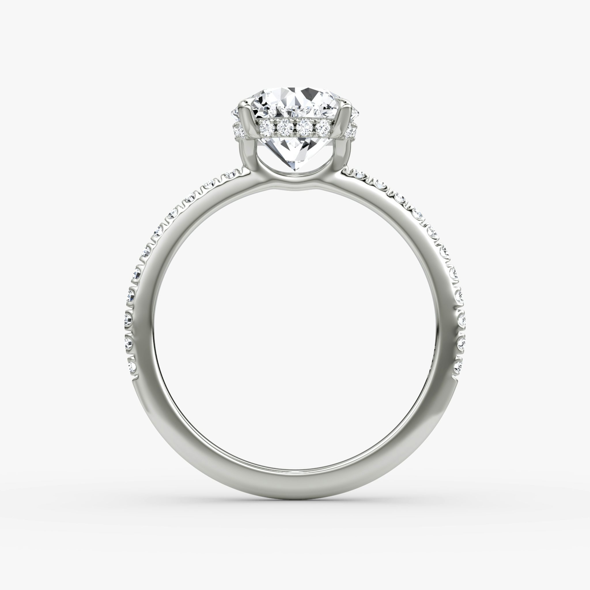 The Signature | Round Brilliant | 18k | White Gold | bandAccent: Pavé | bandWidth: standard | caratWeight: other | hiddenHalo: yes | diamondOrientation: vertical