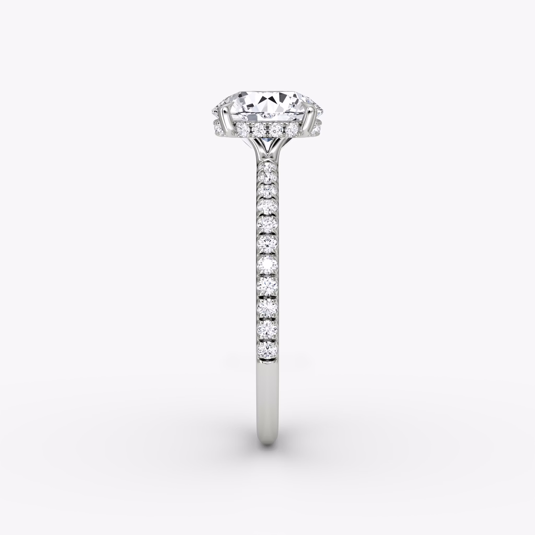 The Signature | Round Brilliant | 18k | White Gold | bandAccent: Pavé | bandWidth: standard | caratWeight: other | hiddenHalo: yes | diamondOrientation: vertical