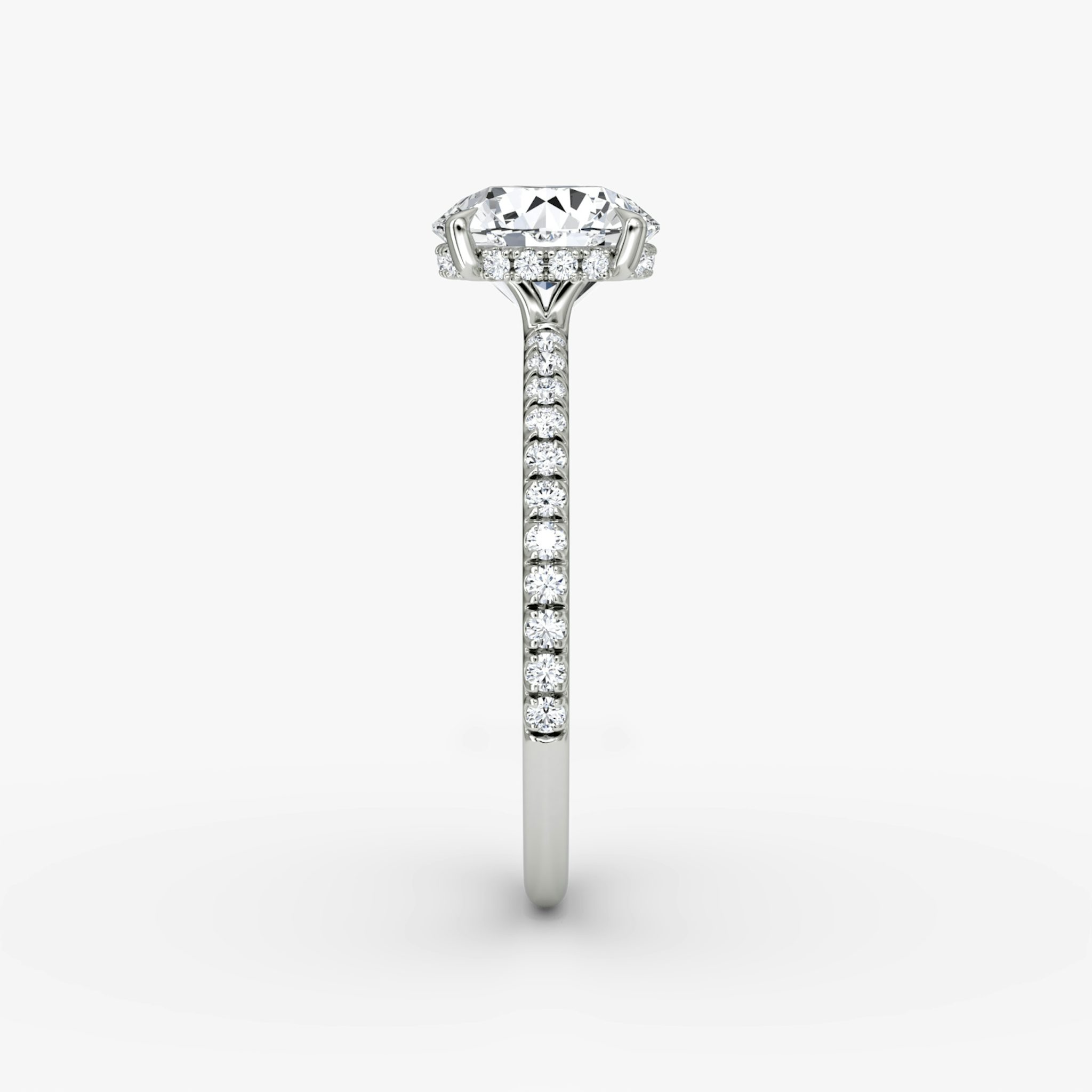 The Signature | Round Brilliant | 18k | White Gold | bandAccent: Pavé | bandWidth: standard | caratWeight: other | hiddenHalo: yes | diamondOrientation: vertical