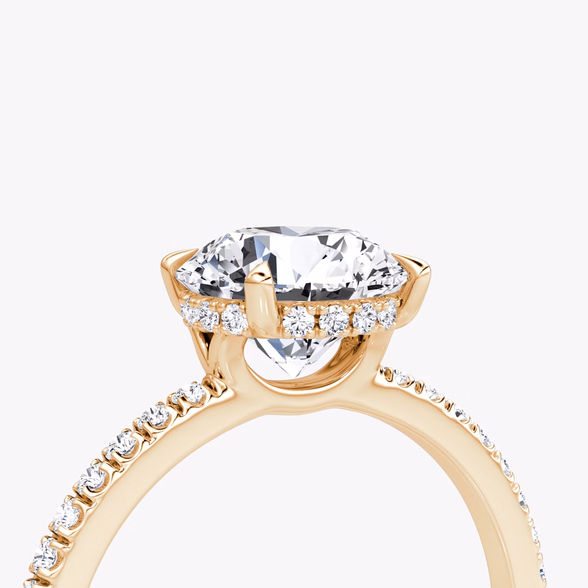 The Signature | Round Brilliant | 14k | Rose Gold | bandAccent: Pavé | bandWidth: standard | caratWeight: other | hiddenHalo: yes | diamondOrientation: vertical