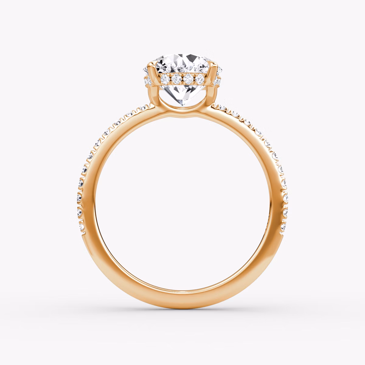 The Signature | Round Brilliant | 14k | Rose Gold | bandAccent: Pavé | bandWidth: standard | caratWeight: other | hiddenHalo: yes | diamondOrientation: vertical