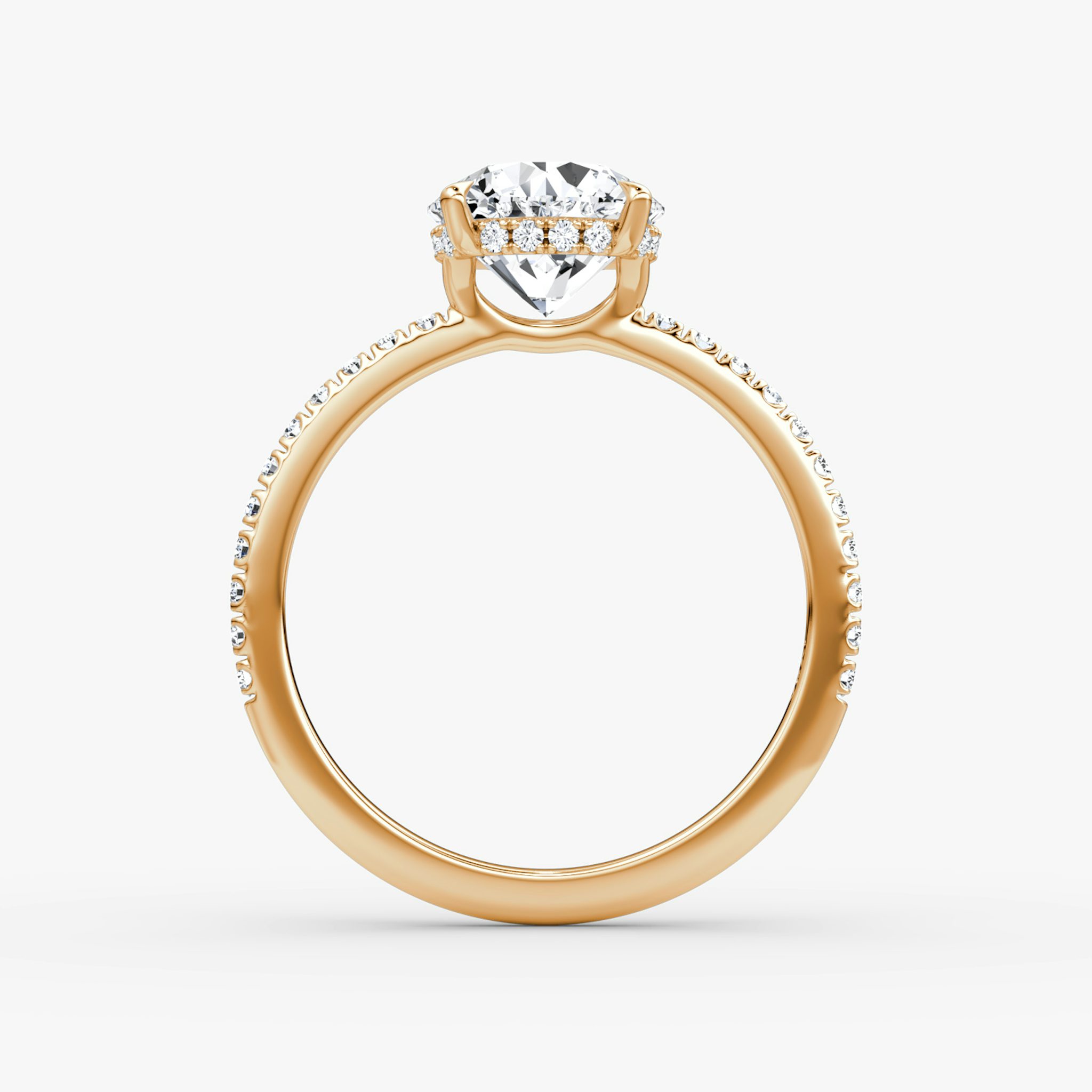 The Signature | Round Brilliant | 14k | Rose Gold | bandAccent: Pavé | bandWidth: standard | caratWeight: other | hiddenHalo: yes | diamondOrientation: vertical
