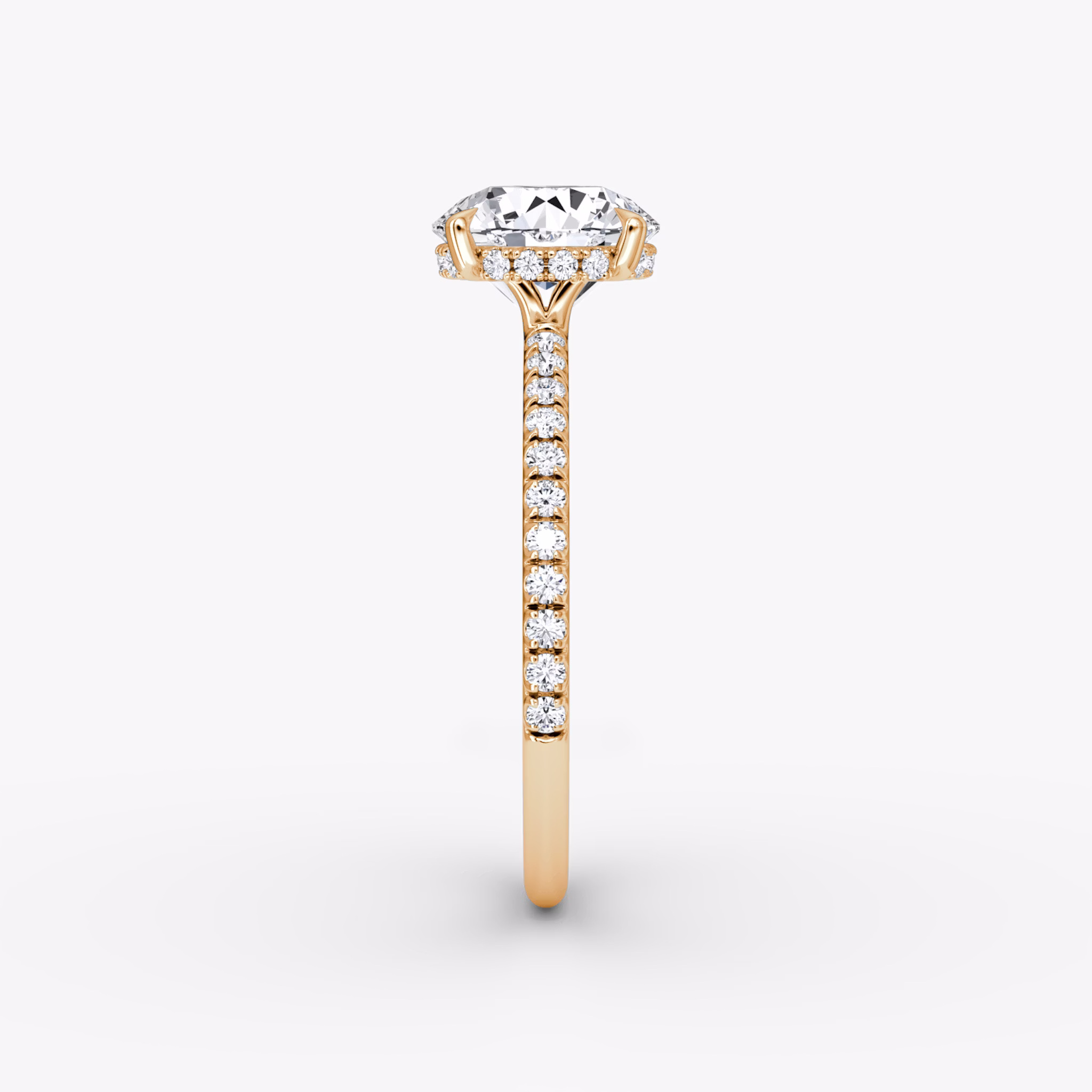 The Signature | Round Brilliant | 14k | Rose Gold | bandAccent: Pavé | bandWidth: standard | caratWeight: other | hiddenHalo: yes | diamondOrientation: vertical
