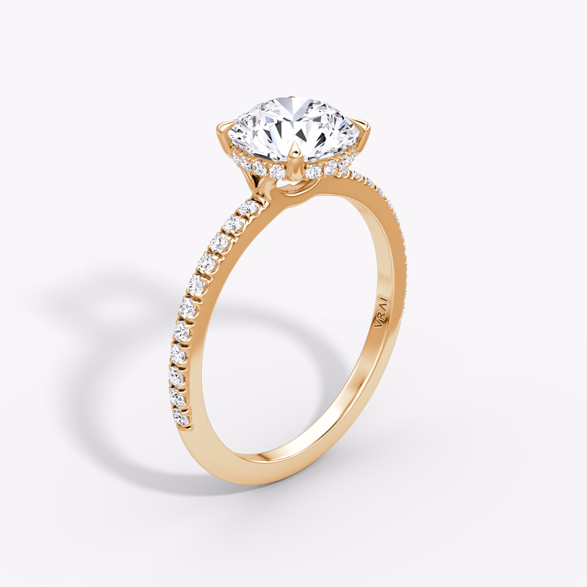 The Signature | Round Brilliant | 14k | Rose Gold | bandAccent: Pavé | bandWidth: standard | caratWeight: other | hiddenHalo: yes | diamondOrientation: vertical