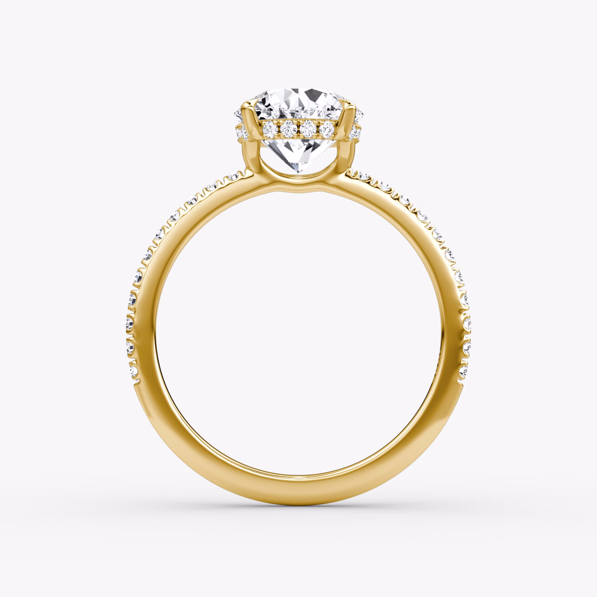 The Signature | Round Brilliant | 18k | Yellow Gold | bandAccent: Pavé | bandWidth: standard | caratWeight: other | hiddenHalo: yes | diamondOrientation: vertical