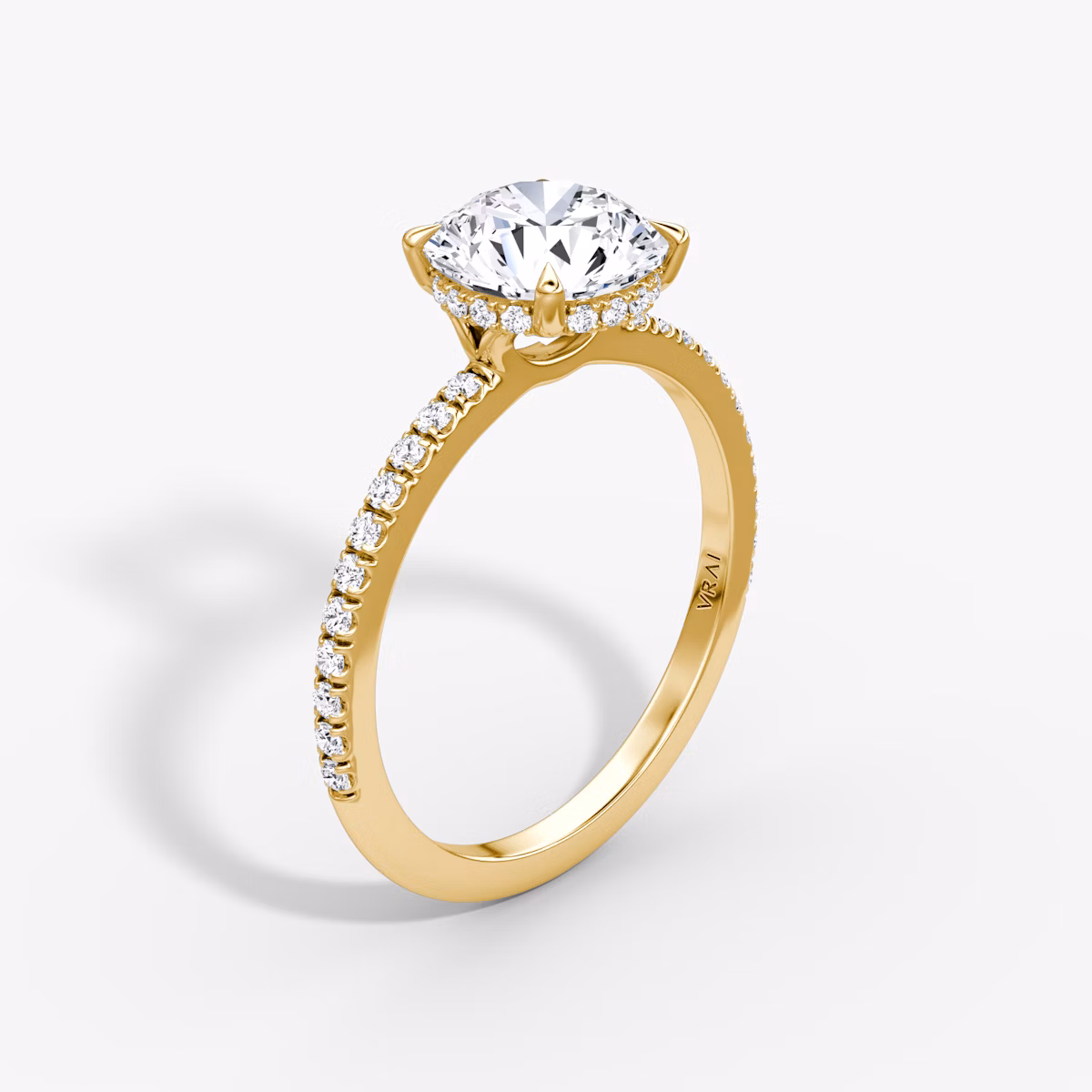 The Signature | Round Brilliant | 18k | Yellow Gold | bandAccent: Pavé | bandWidth: standard | caratWeight: other | hiddenHalo: yes | diamondOrientation: vertical