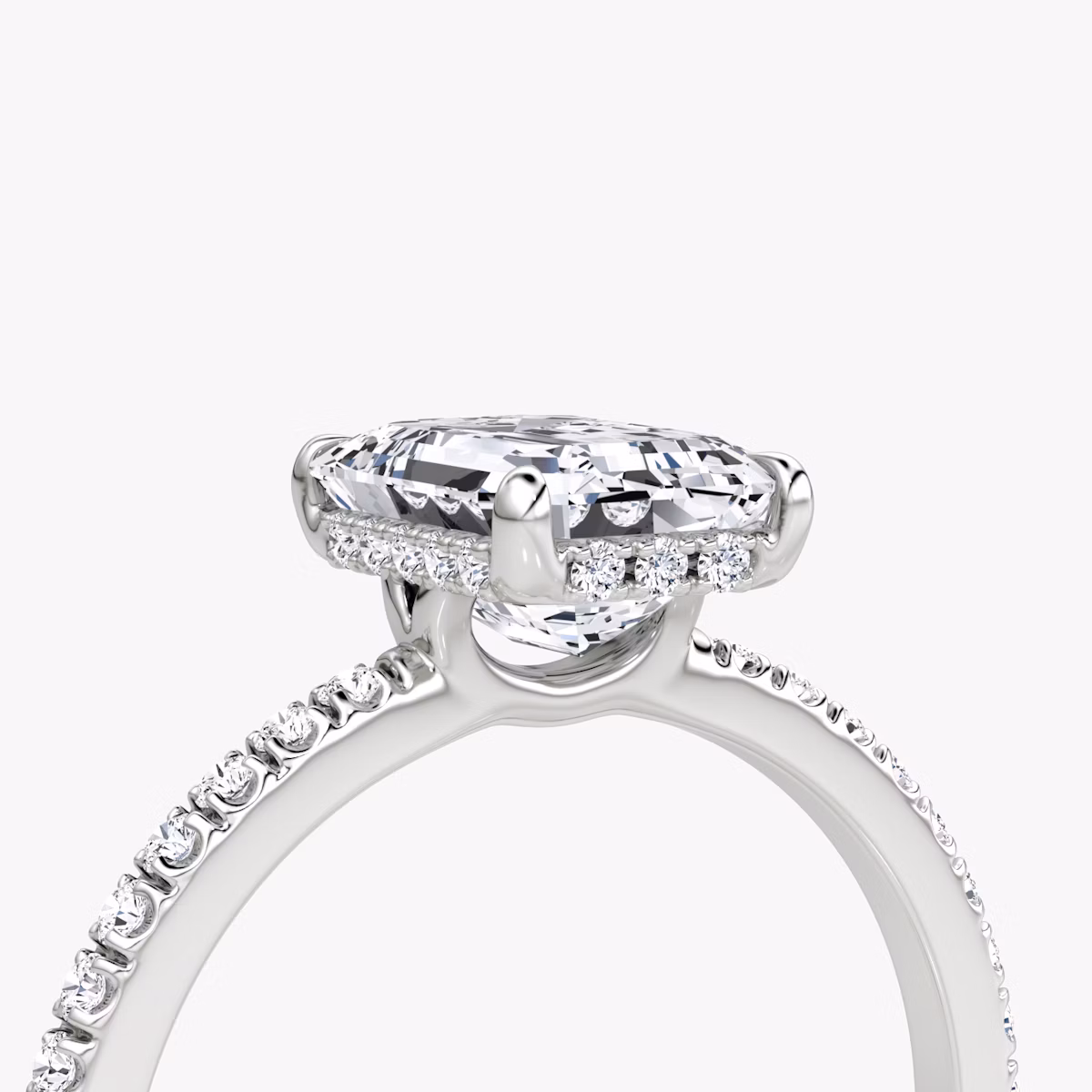 The Signature | Emerald | Platinum | bandAccent: Pavé | bandWidth: standard | hiddenHalo: yes | diamondOrientation: vertical | caratWeight: other