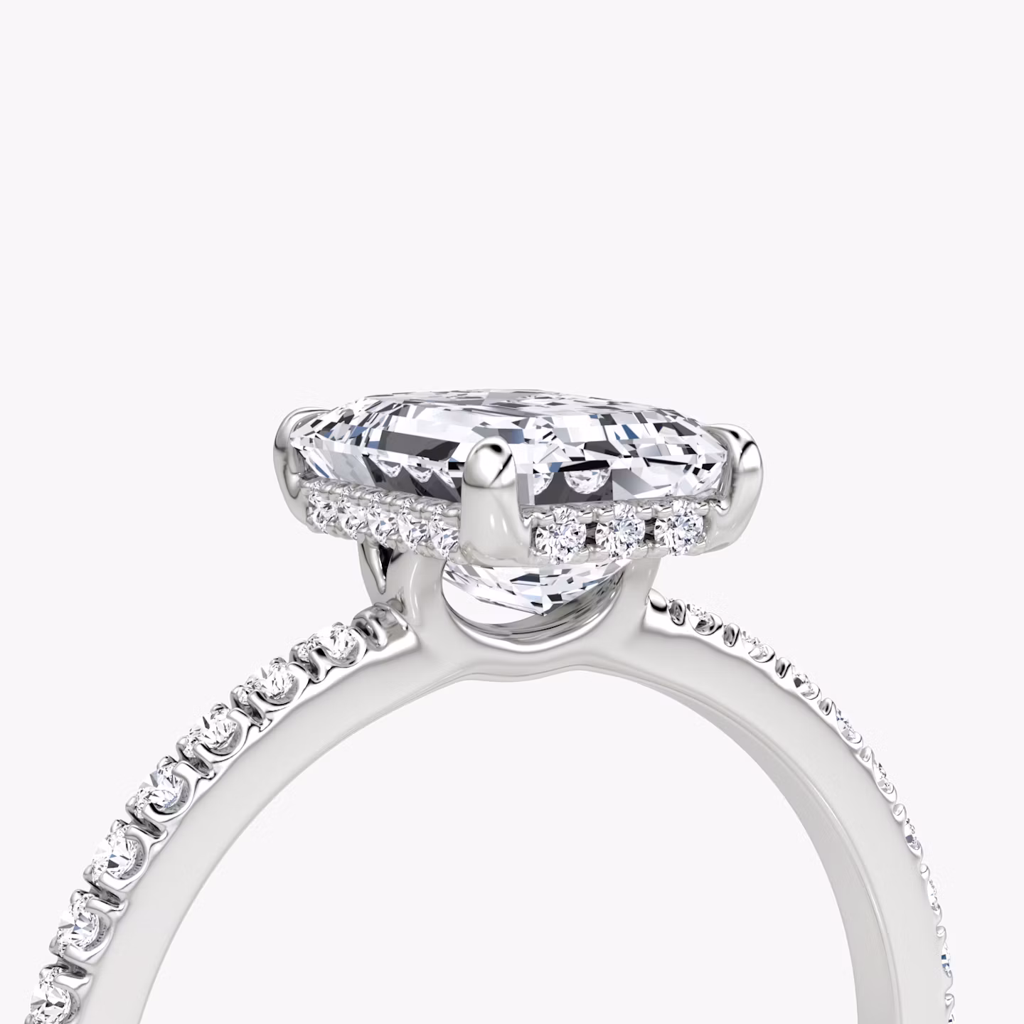 The Signature | Emerald | 18k | White Gold | bandAccent: Pavé | bandWidth: standard | hiddenHalo: yes | diamondOrientation: vertical | caratWeight: other