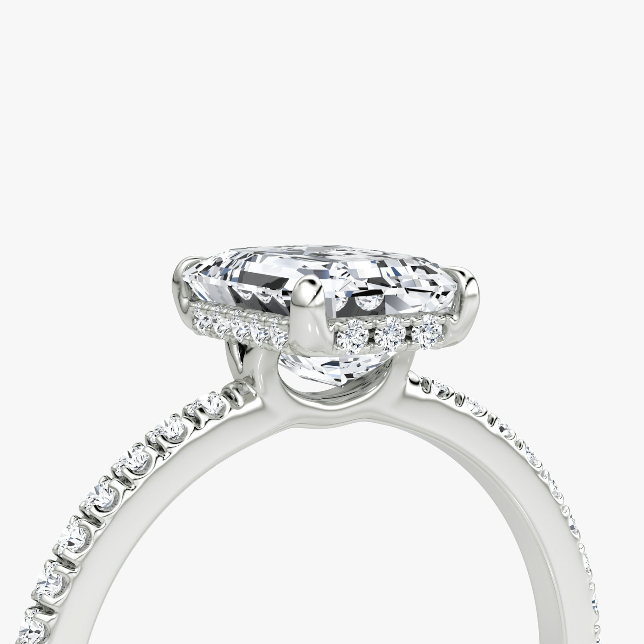 The Signature | Emerald | 18k | White Gold | bandAccent: Pavé | bandWidth: standard | hiddenHalo: yes | diamondOrientation: vertical | caratWeight: other