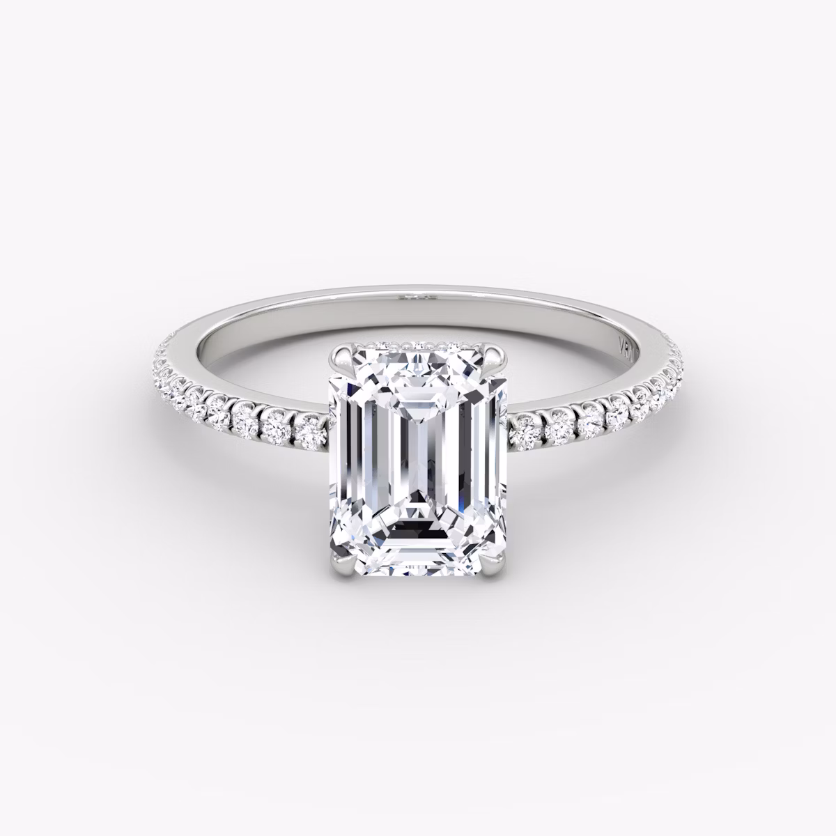 The Signature | Emerald | Platinum | bandAccent: Pavé | bandWidth: standard | hiddenHalo: yes | diamondOrientation: vertical | caratWeight: other