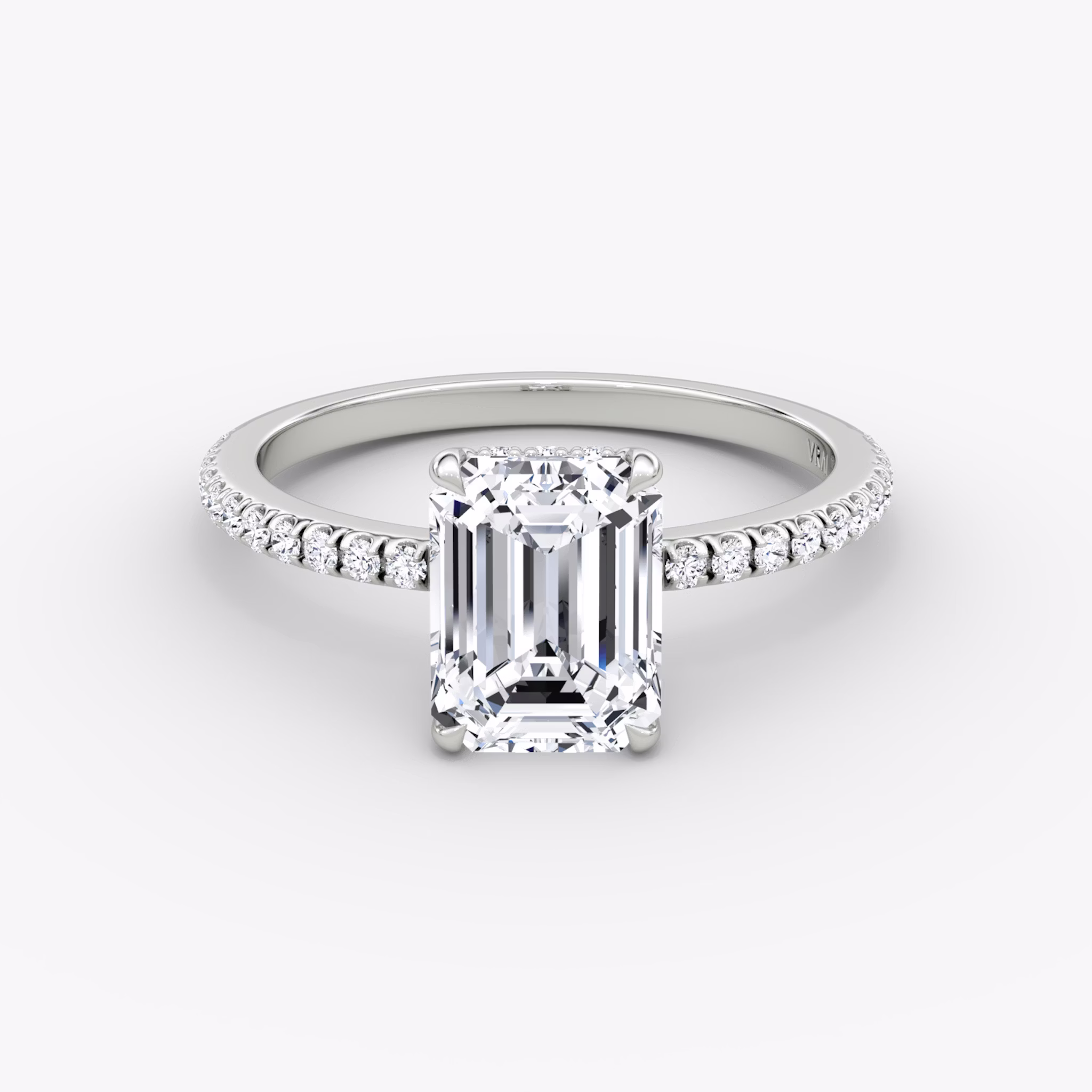 The Signature | Emerald | 18k | White Gold | bandAccent: Pavé | bandWidth: standard | hiddenHalo: yes | diamondOrientation: vertical | caratWeight: other