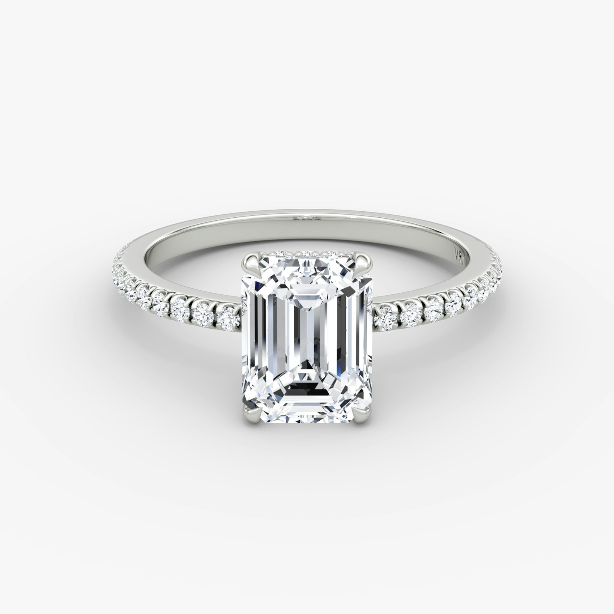 The Signature | Emerald | 18k | White Gold | bandAccent: Pavé | bandWidth: standard | hiddenHalo: yes | diamondOrientation: vertical | caratWeight: other