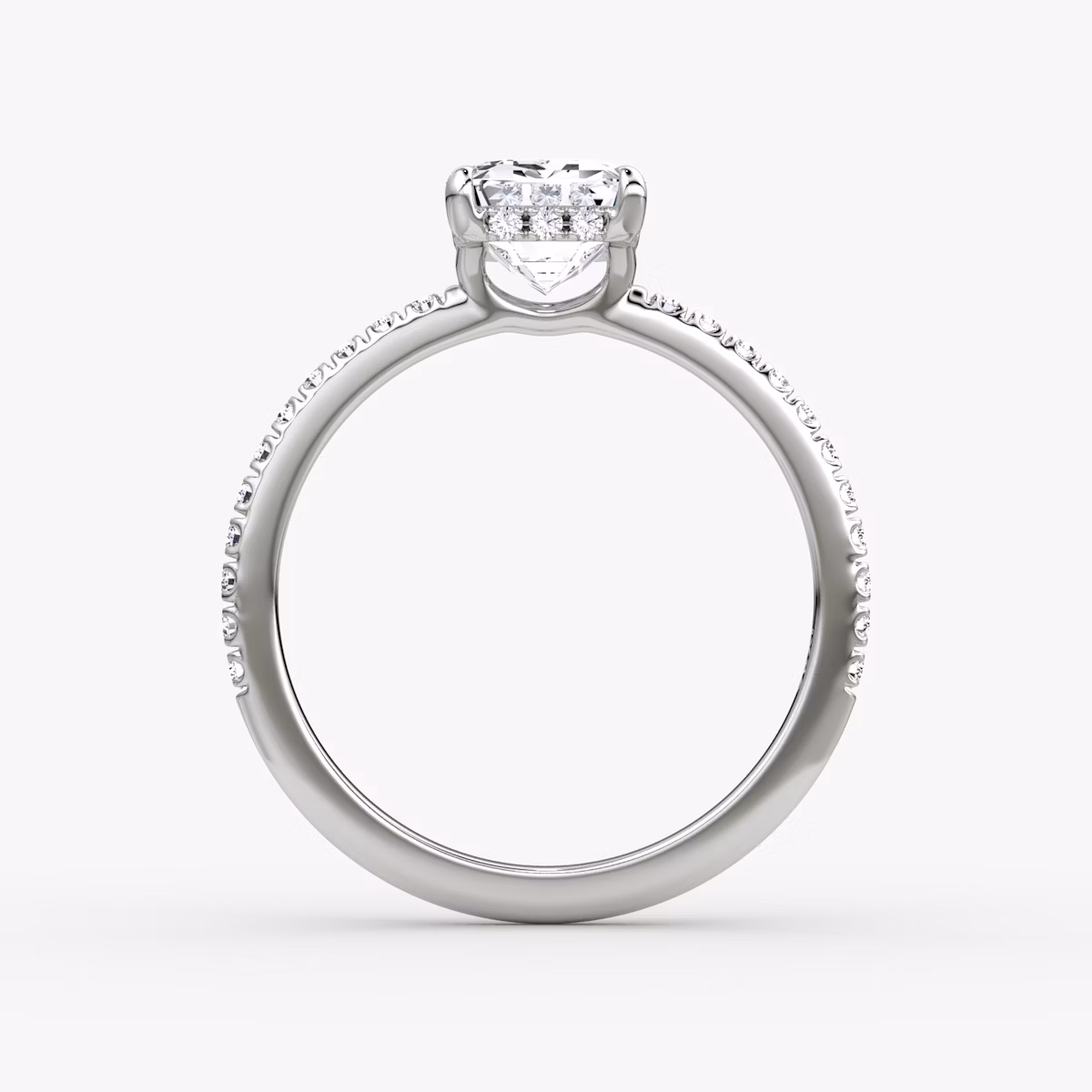 The Signature | Emerald | Platinum | bandAccent: Pavé | bandWidth: standard | hiddenHalo: yes | diamondOrientation: vertical | caratWeight: other