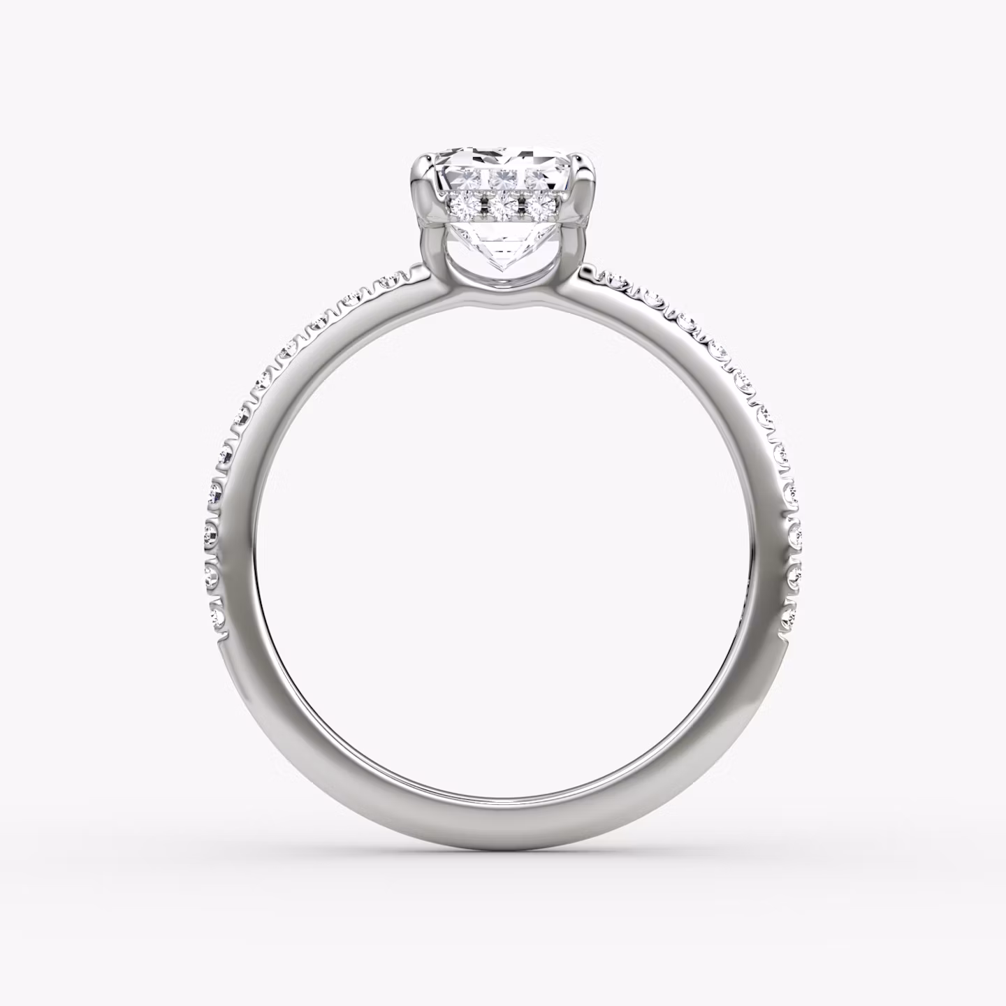 The Signature | Emerald | 18k | White Gold | bandAccent: Pavé | bandWidth: standard | hiddenHalo: yes | diamondOrientation: vertical | caratWeight: other