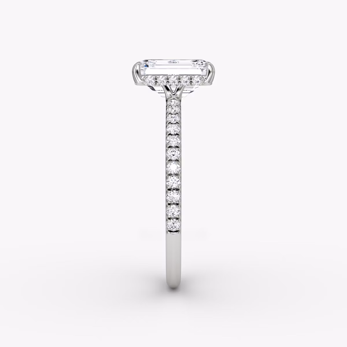 The Signature | Emerald | Platinum | bandAccent: Pavé | bandWidth: standard | hiddenHalo: yes | diamondOrientation: vertical | caratWeight: other