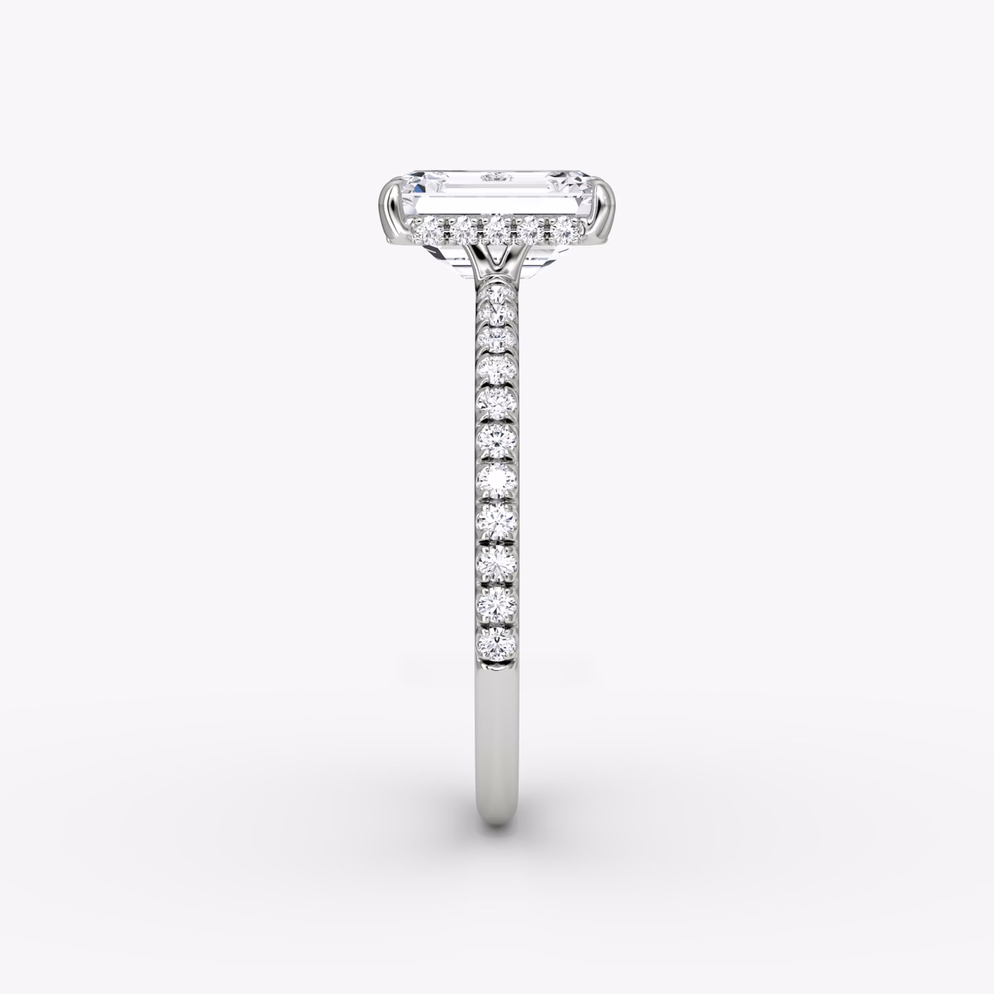The Signature | Emerald | 18k | White Gold | bandAccent: Pavé | bandWidth: standard | hiddenHalo: yes | diamondOrientation: vertical | caratWeight: other