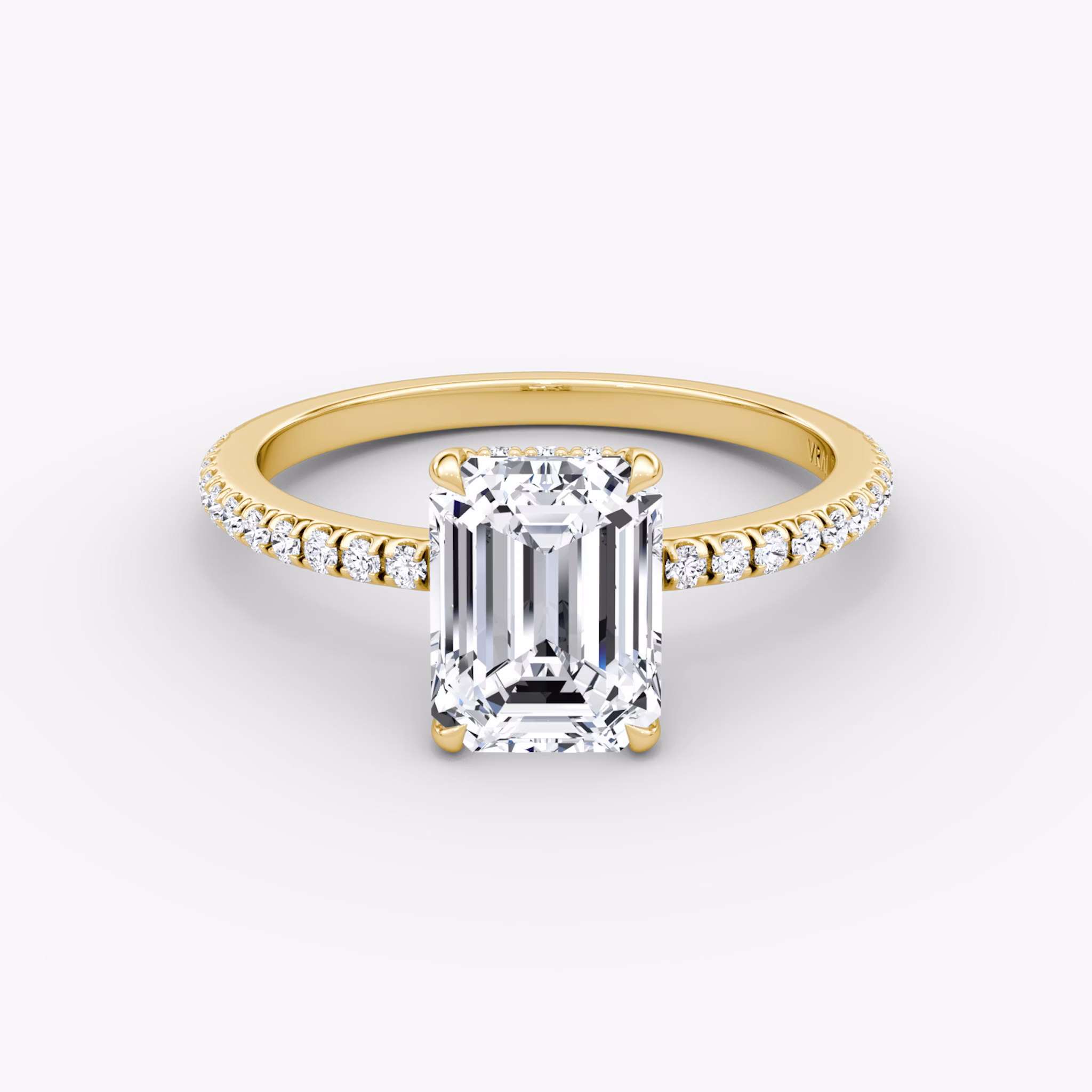 The Signature | Emerald | 18k | Yellow Gold | bandAccent: Pavé | bandWidth: standard | hiddenHalo: yes | diamondOrientation: vertical | caratWeight: other