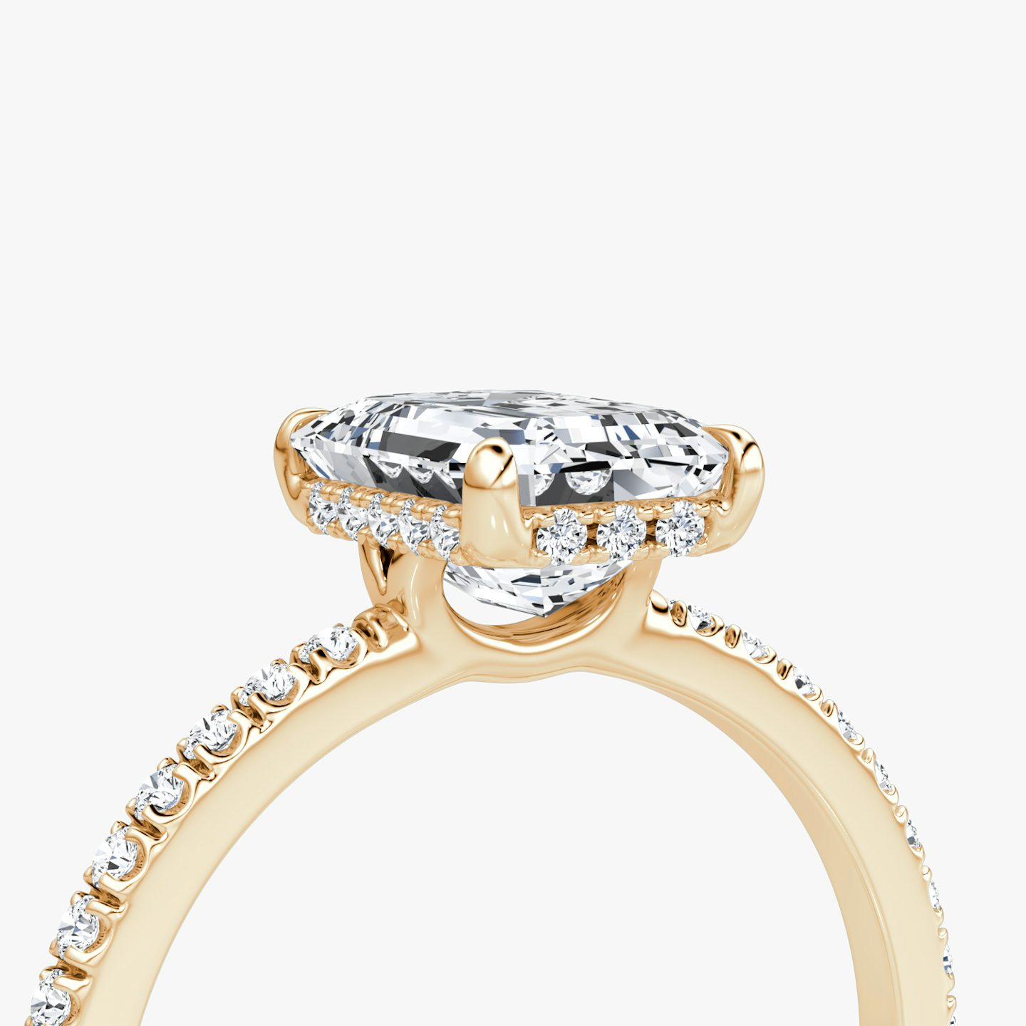 The Signature | Emerald | 14k | Rose Gold | bandAccent: Pavé | bandWidth: standard | hiddenHalo: yes | diamondOrientation: vertical | caratWeight: other