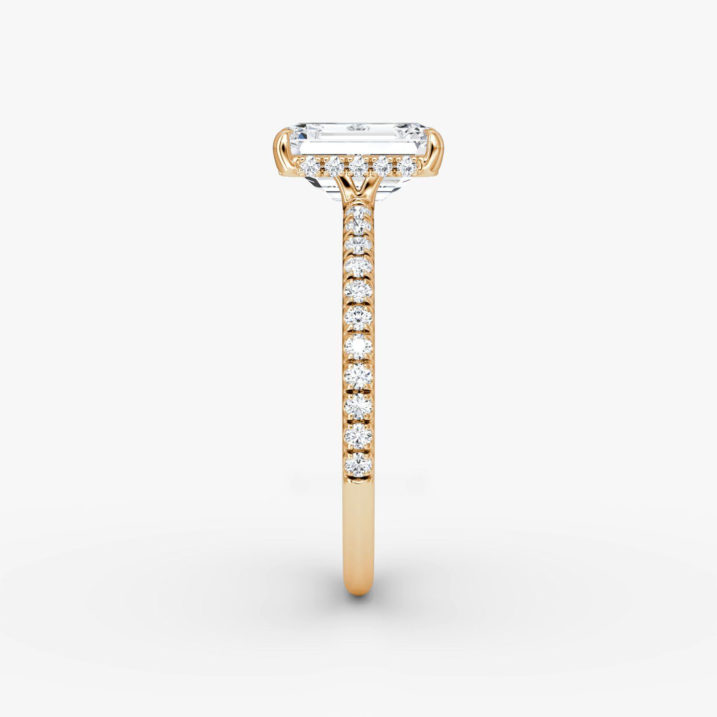 The Signature | Emerald | 14k | Rose Gold | bandAccent: Pavé | bandWidth: standard | hiddenHalo: yes | diamondOrientation: vertical | caratWeight: other