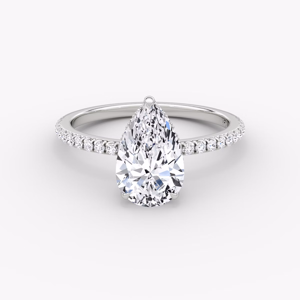 The Signature | Pear | Platinum | bandAccent: Pavé | bandWidth: standard | hiddenHalo: yes | diamondOrientation: vertical | caratWeight: other