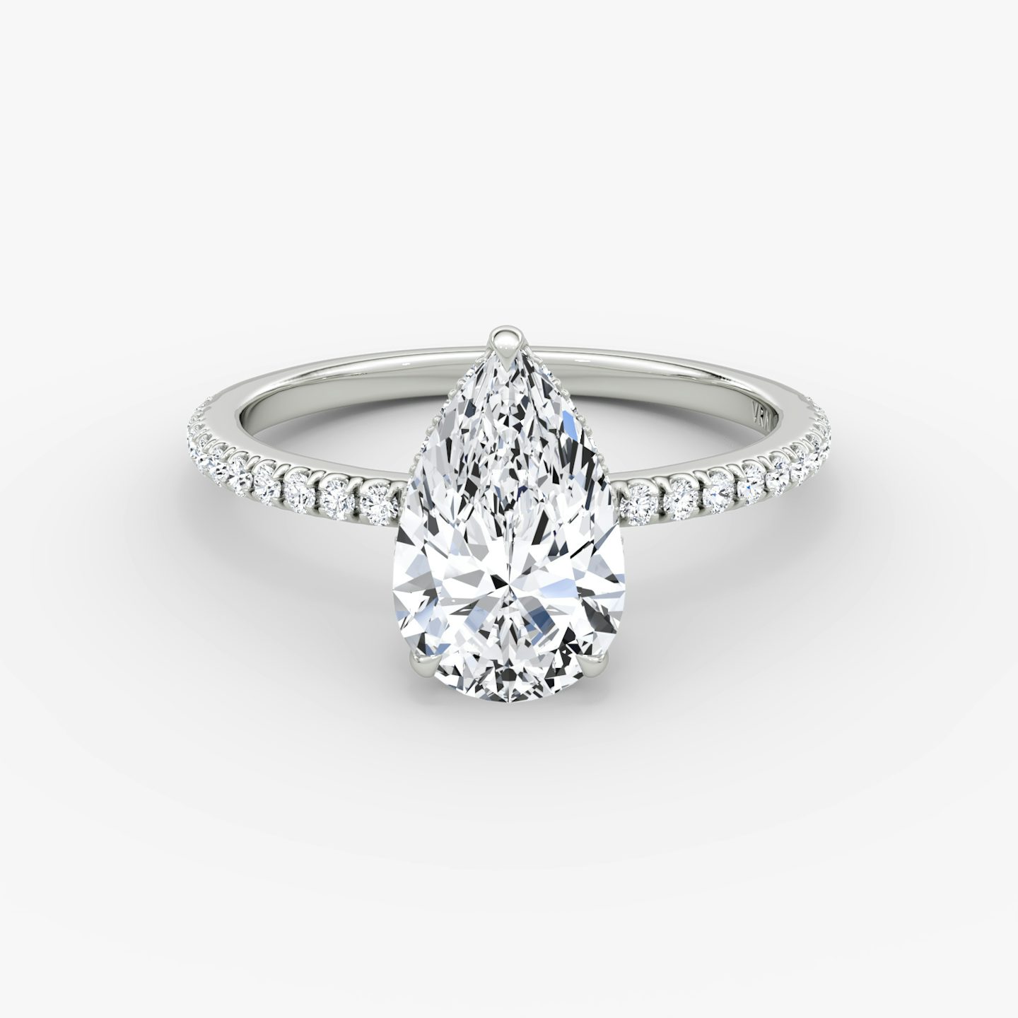The Signature | Pear | 18k | White Gold | bandAccent: Pavé | bandWidth: standard | hiddenHalo: yes | diamondOrientation: vertical | caratWeight: other