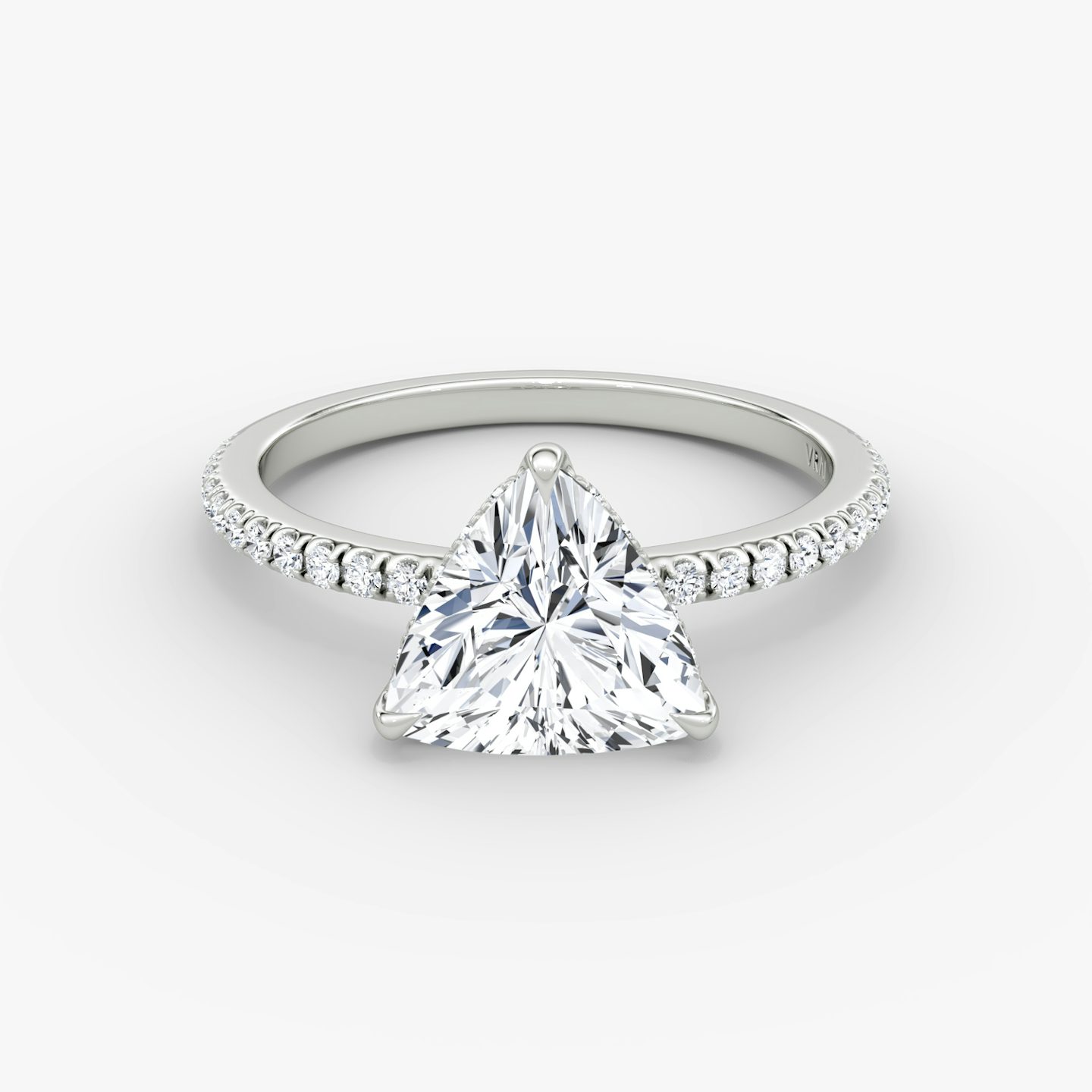 The Signature | Trillion | 18k | White Gold | bandAccent: Pavé | bandWidth: standard | hiddenHalo: yes | diamondOrientation: vertical | caratWeight: other