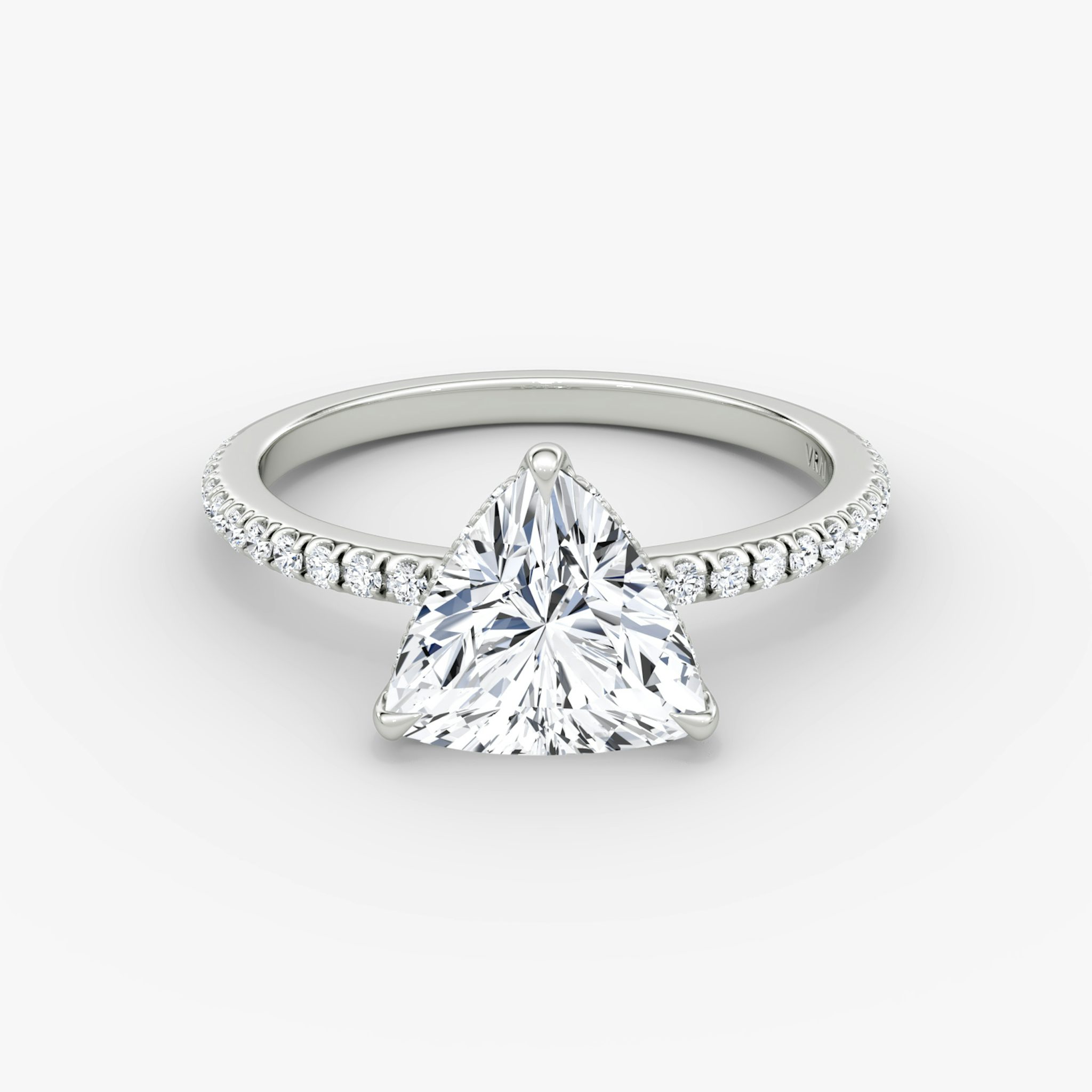 The Signature | Trillion | 18k | White Gold | bandAccent: Pavé | bandWidth: standard | hiddenHalo: yes | diamondOrientation: vertical | caratWeight: other