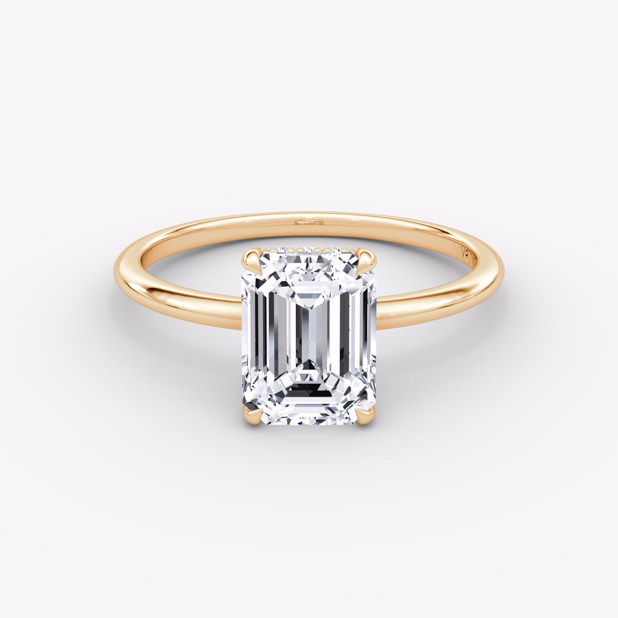 The Signature | Emerald | 14k | Rose Gold | bandAccent: Plain | bandWidth: standard | hiddenHalo: yes | diamondOrientation: vertical | caratWeight: other