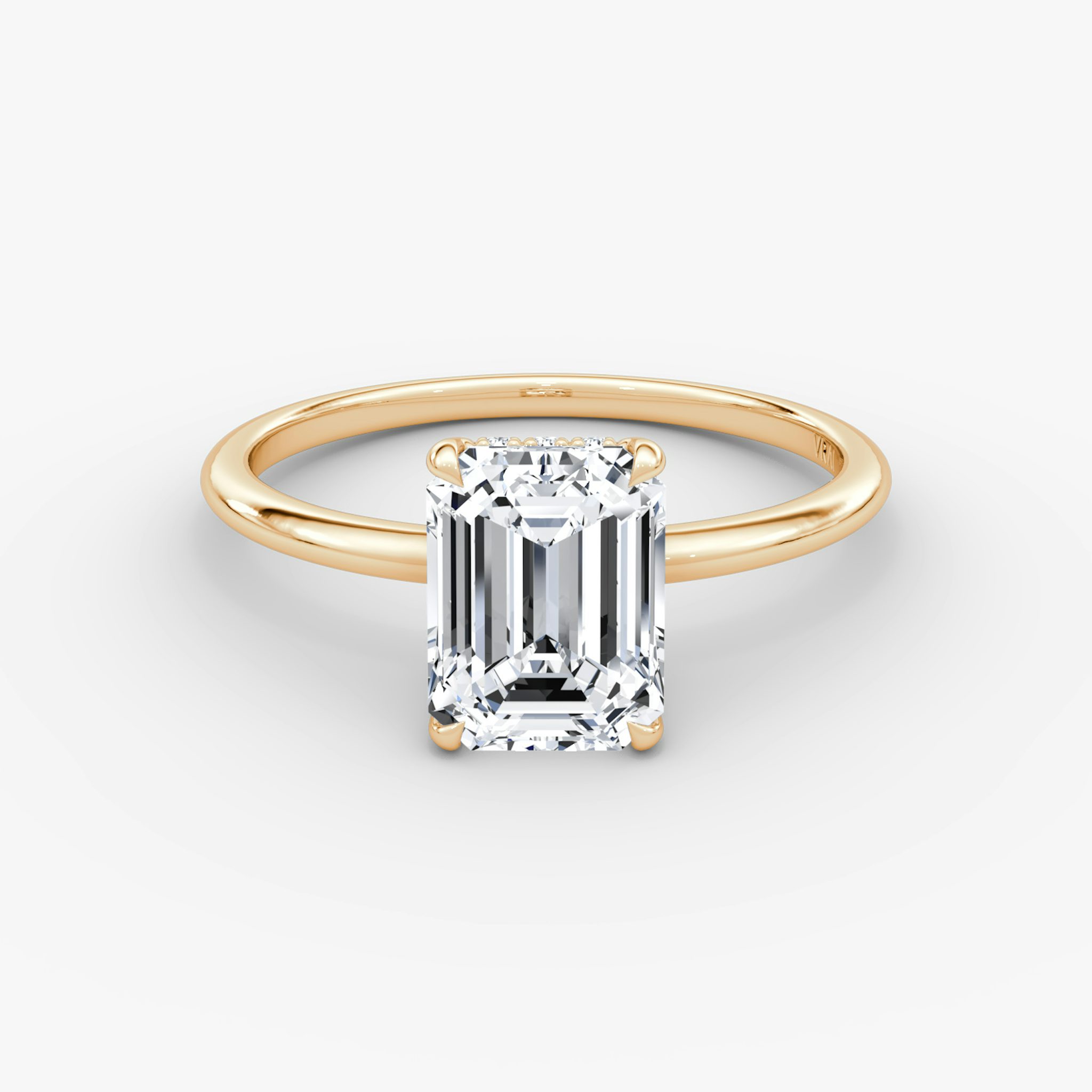 The Signature | Emerald | 14k | Rose Gold | bandAccent: Plain | bandWidth: standard | hiddenHalo: yes | diamondOrientation: vertical | caratWeight: other