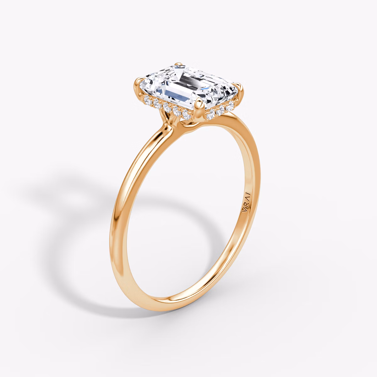 The Signature | Emerald | 14k | Rose Gold | bandAccent: Plain | bandWidth: standard | hiddenHalo: yes | diamondOrientation: vertical | caratWeight: other