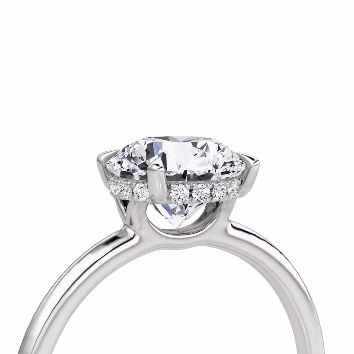 The Signature | Round Brilliant | 18k | White Gold | bandAccent: Plain | bandWidth: standard | caratWeight: 1.5ct | hiddenHalo: yes | diamondOrientation: vertical