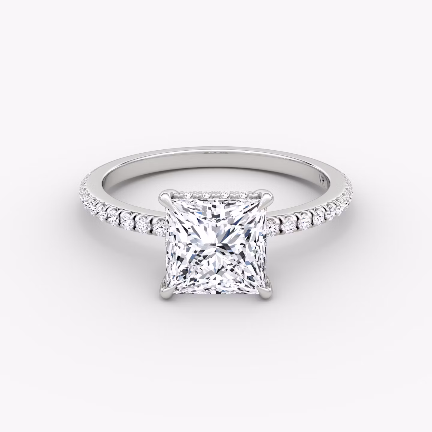 The Signature | Princess | Platinum | bandAccent: Pavé | bandWidth: standard | hiddenHalo: yes | diamondOrientation: vertical | caratWeight: other