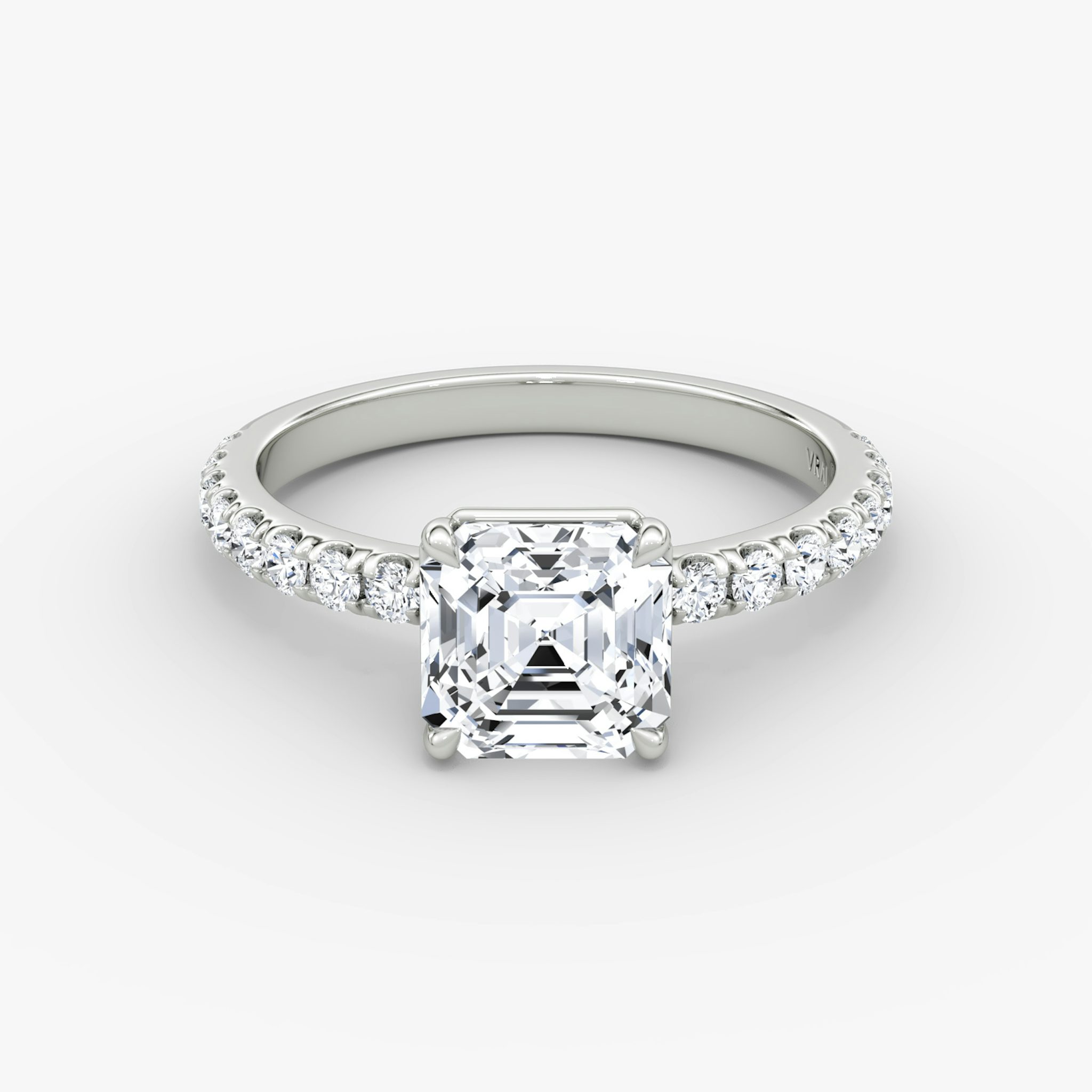 The Signature | Asscher | 18k | White Gold | bandAccent: Pavé | bandWidth: large | hiddenHalo: no | diamondOrientation: vertical | caratWeight: other