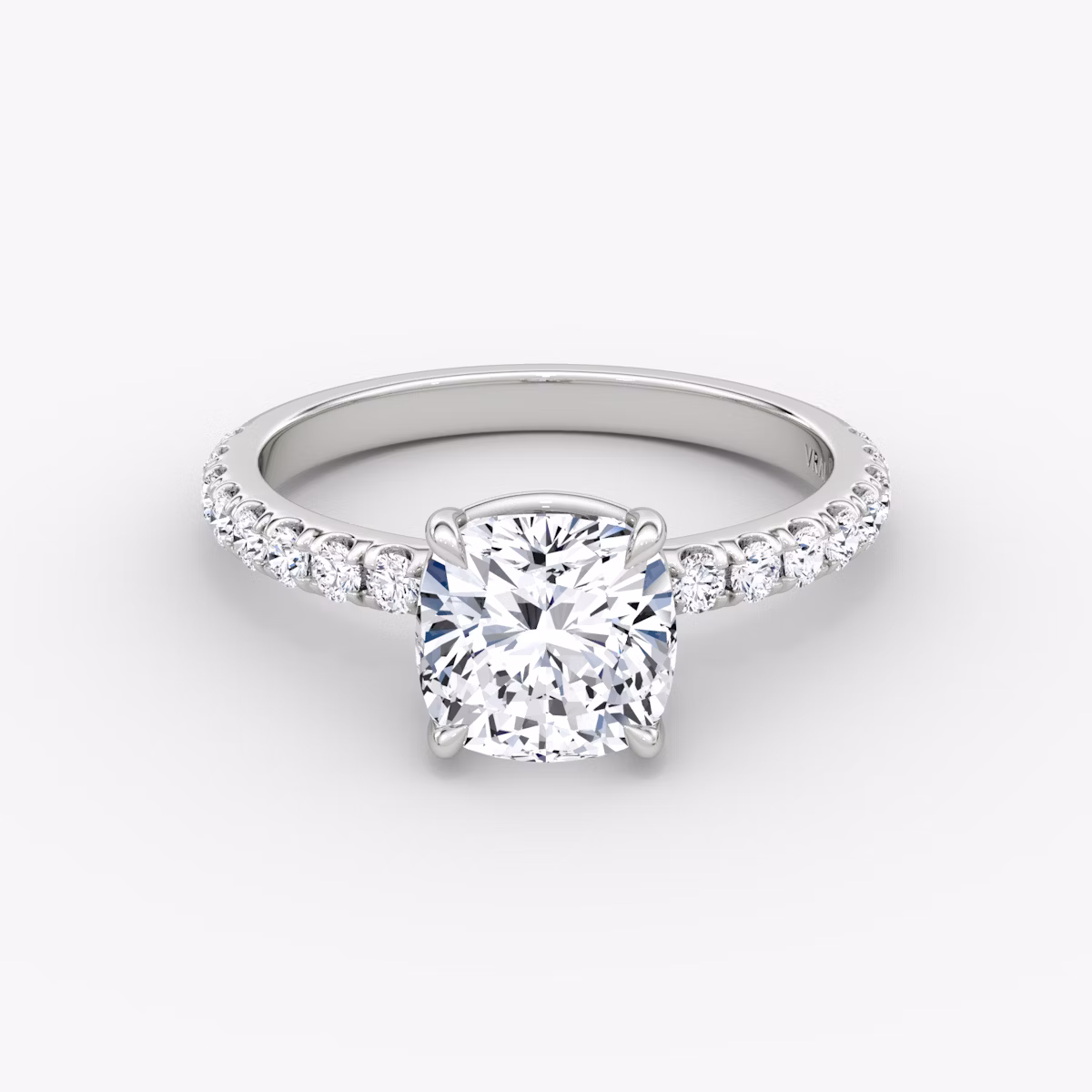 The Signature | Cushion | Platinum | bandAccent: Pavé | bandWidth: large | hiddenHalo: no | diamondOrientation: vertical | caratWeight: other