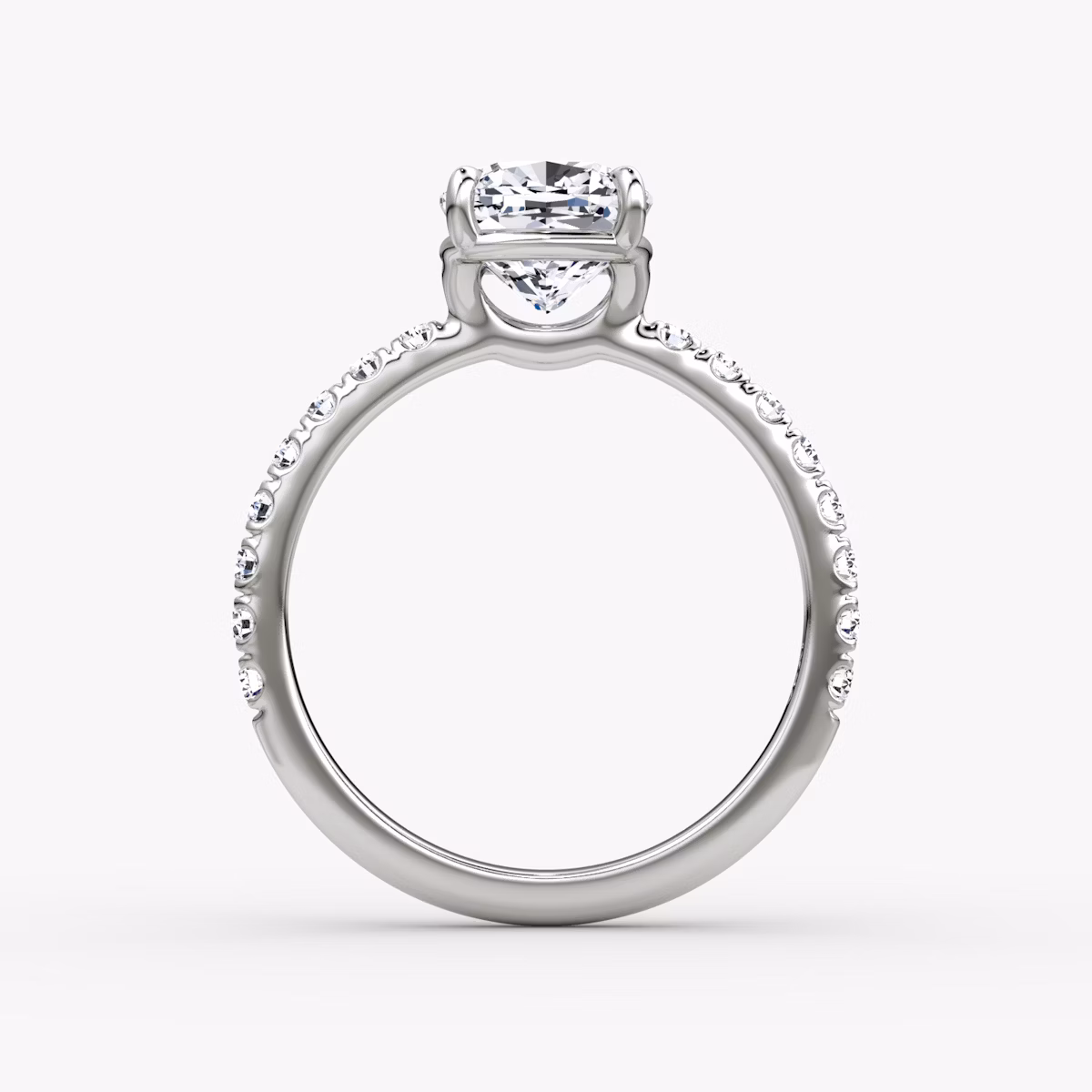 The Signature | Cushion | Platinum | bandAccent: Pavé | bandWidth: large | hiddenHalo: no | diamondOrientation: vertical | caratWeight: other