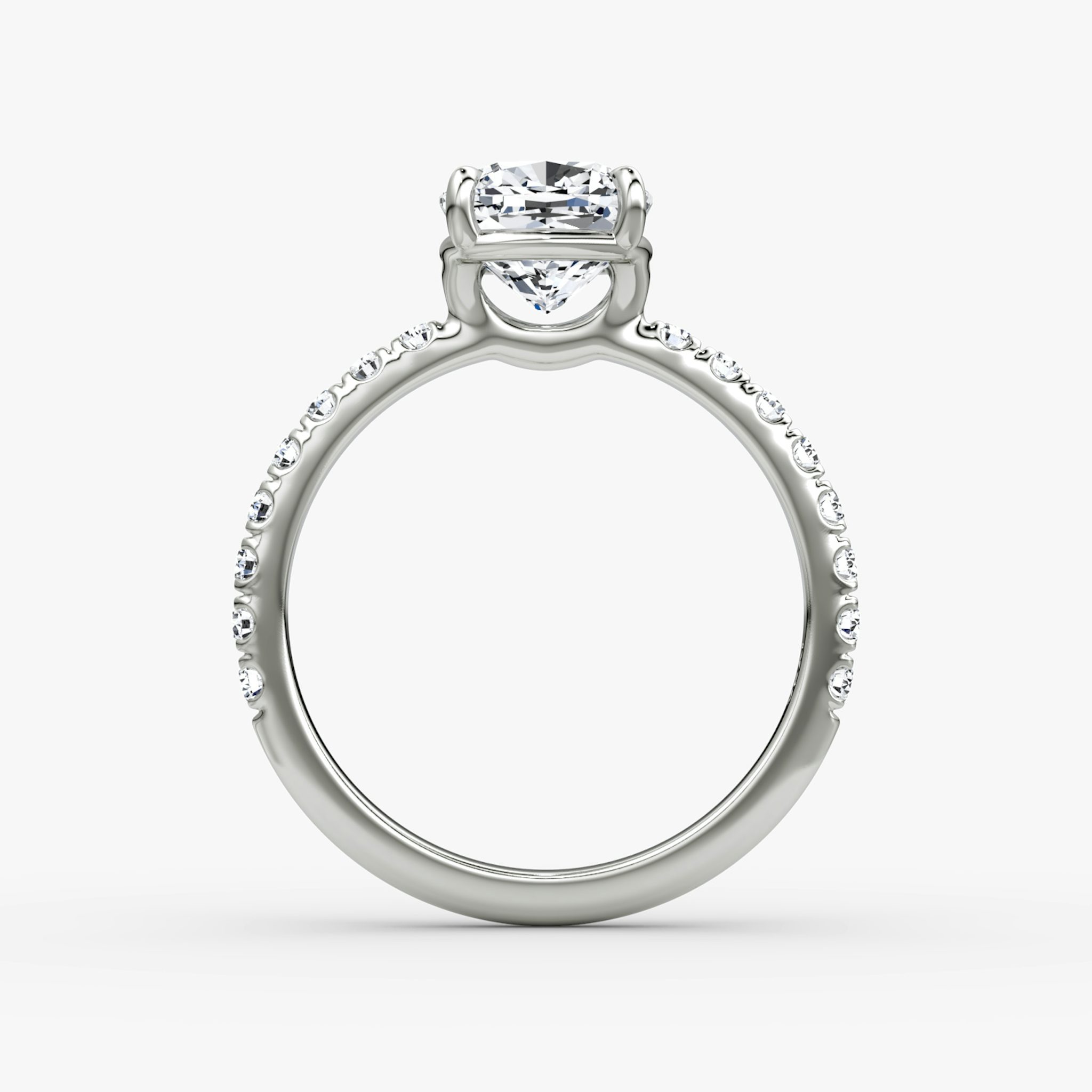 The Signature | Cushion | 18k | White Gold | bandAccent: Pavé | bandWidth: large | hiddenHalo: no | diamondOrientation: vertical | caratWeight: other