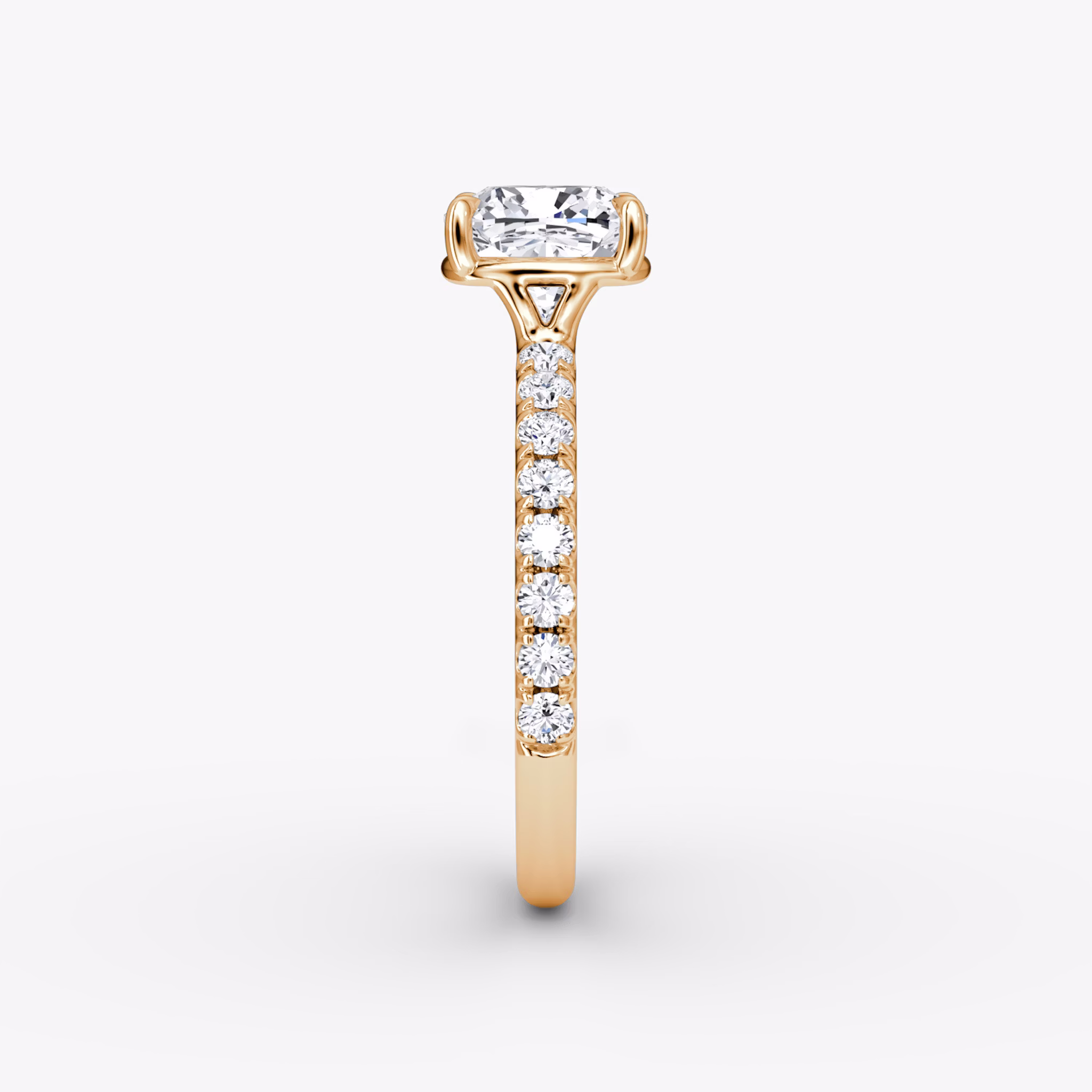 The Signature | Cushion | 14k | Rose Gold | bandAccent: Pavé | bandWidth: large | hiddenHalo: no | diamondOrientation: vertical | caratWeight: other