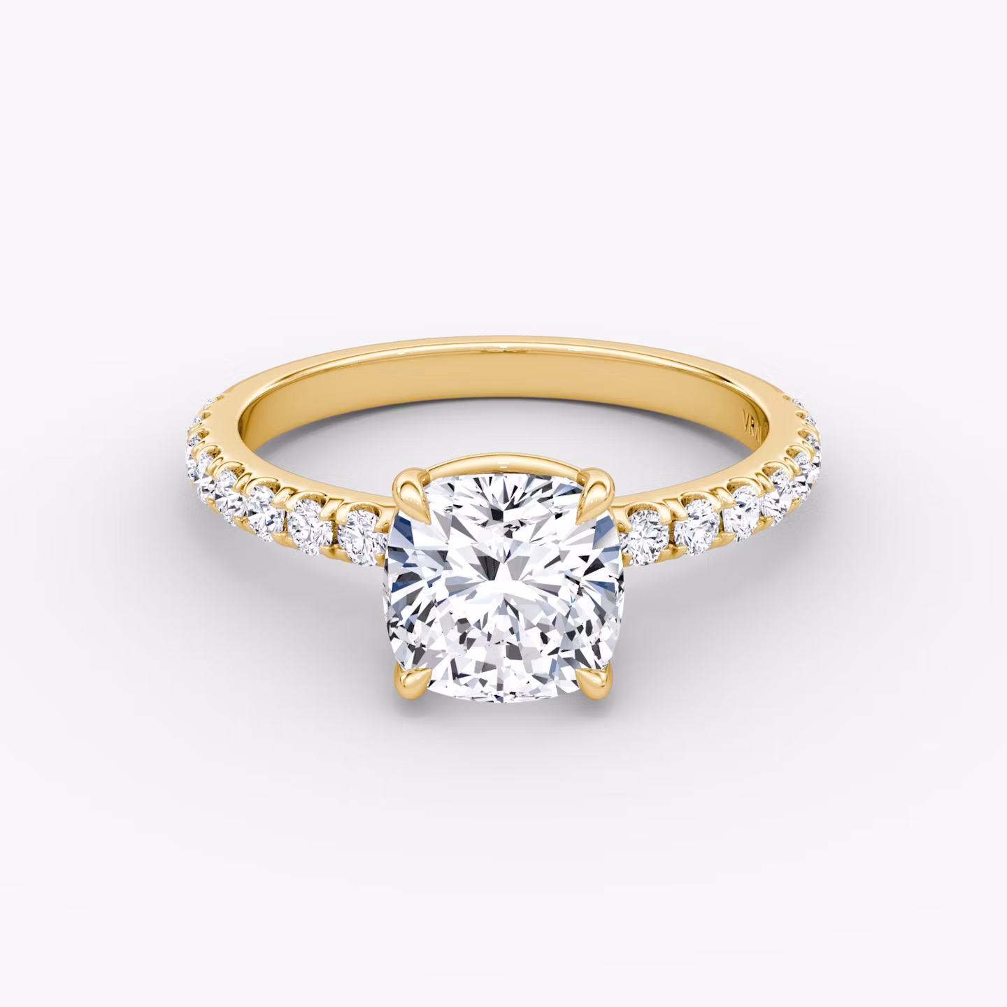 The Signature | Cushion | 18k | Yellow Gold | bandAccent: Pavé | bandWidth: large | hiddenHalo: no | diamondOrientation: vertical | caratWeight: other