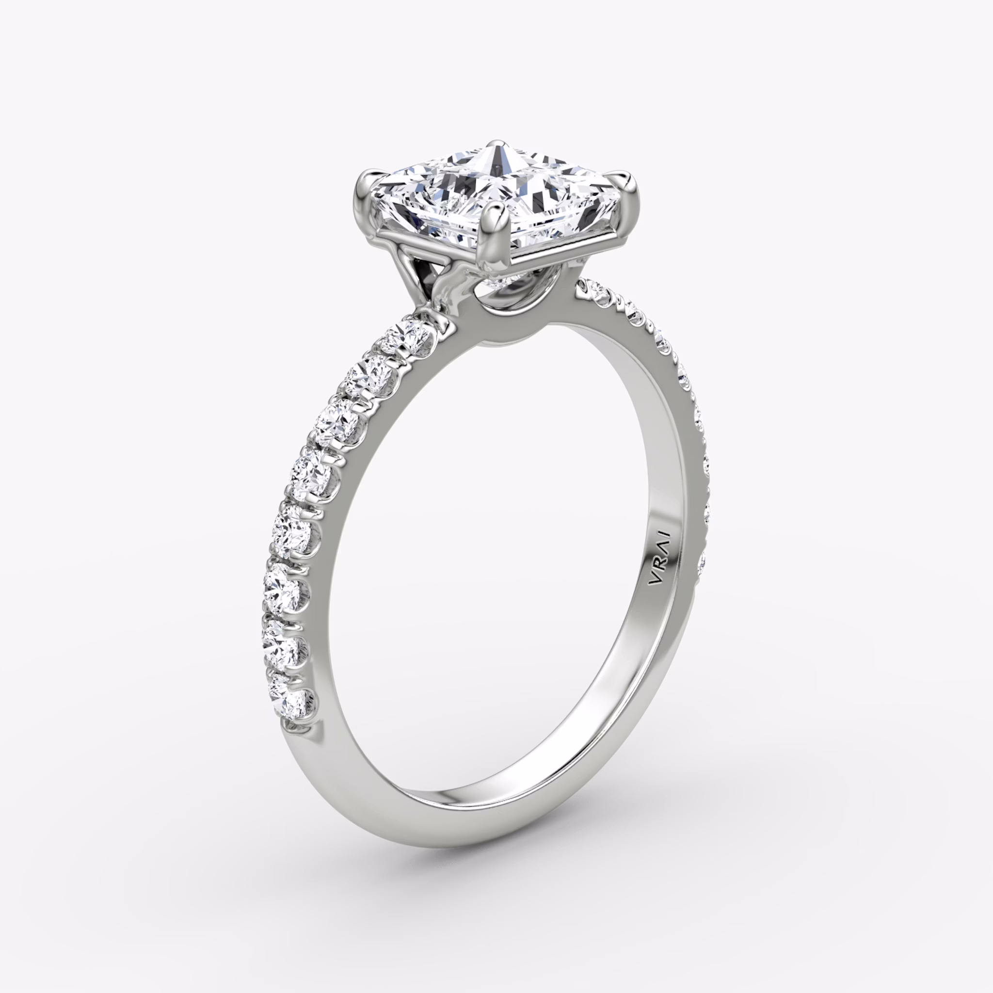 The Signature | Princess | 18k | White Gold | bandAccent: Pavé | bandWidth: large | hiddenHalo: no | diamondOrientation: vertical | caratWeight: other