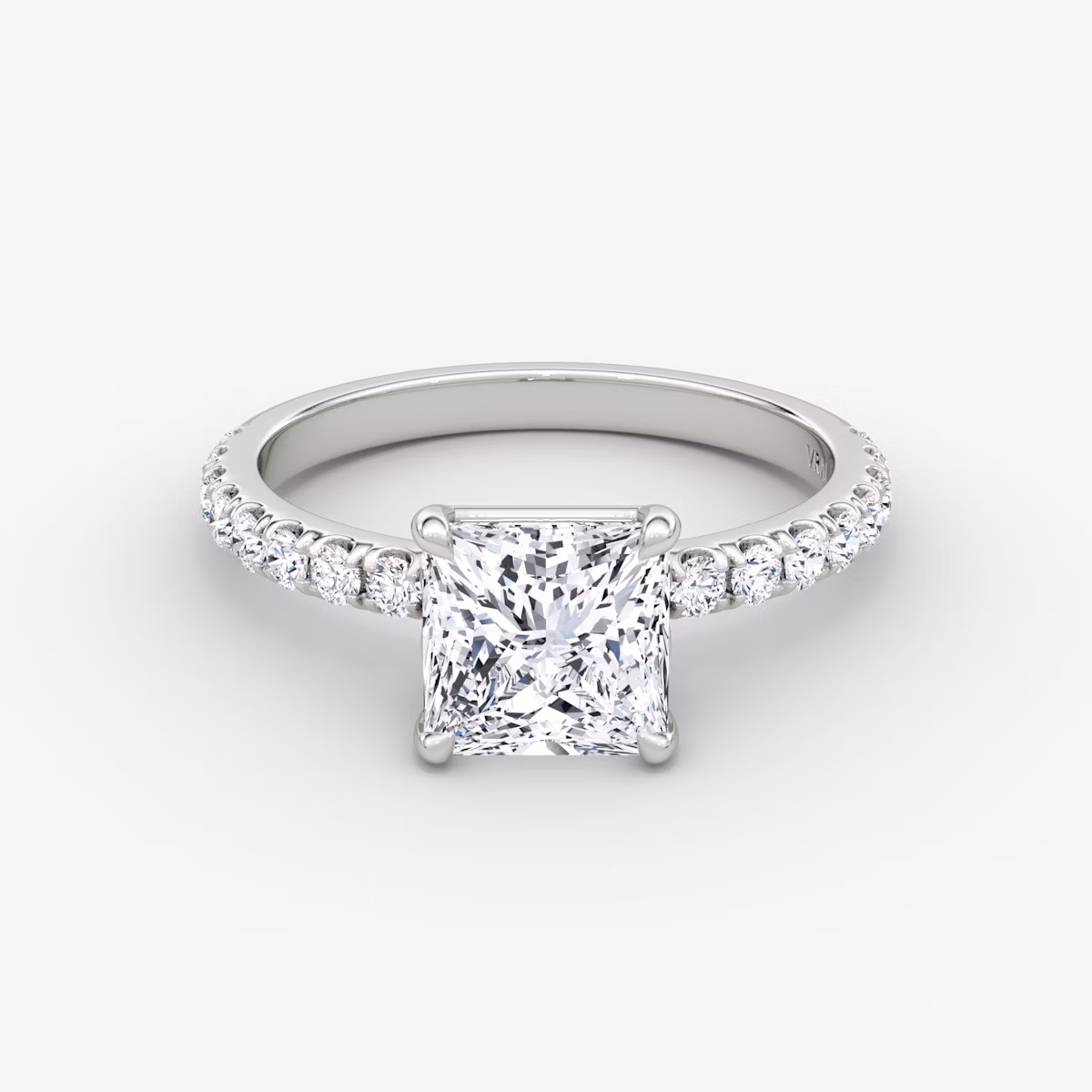 The Signature | Princess | 18k | White Gold | bandAccent: Pavé | bandWidth: large | hiddenHalo: no | diamondOrientation: vertical | caratWeight: other