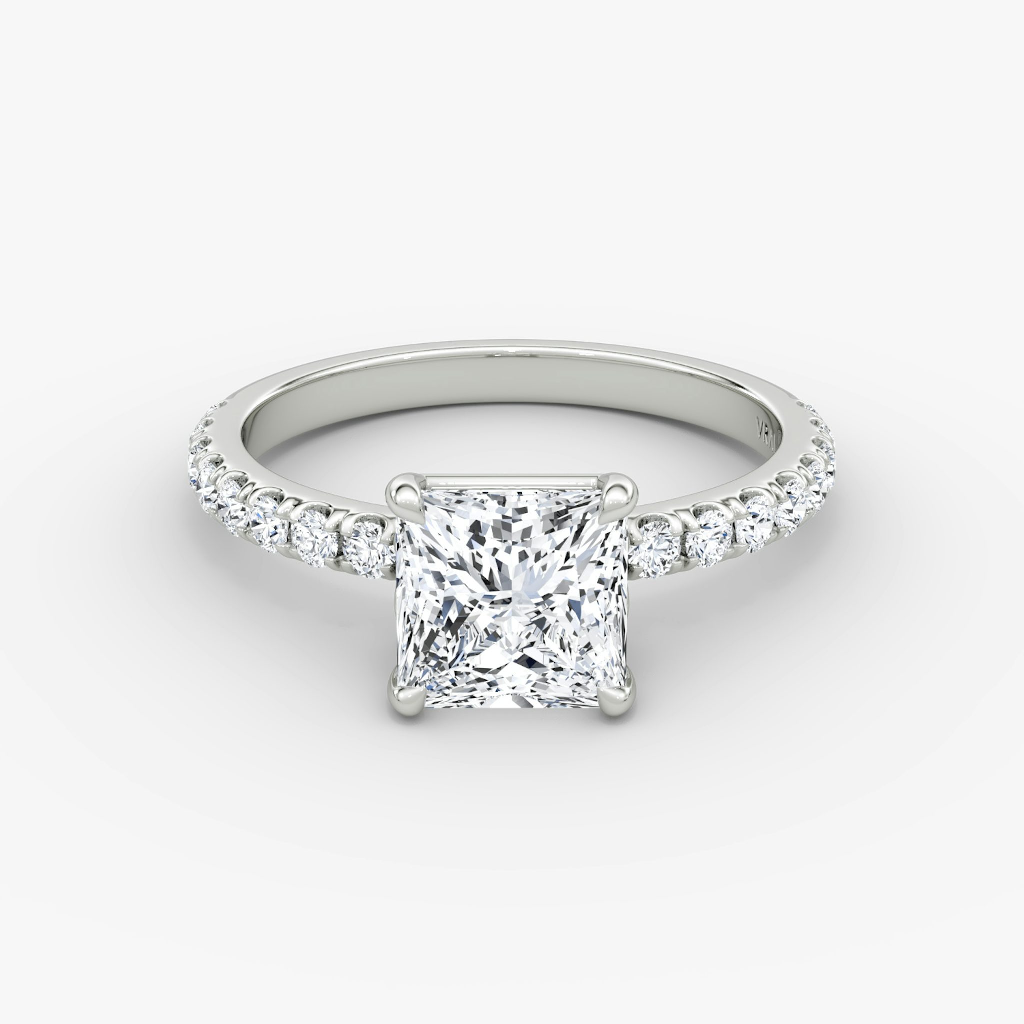 The Signature | Princess | 18k | White Gold | bandAccent: Pavé | bandWidth: large | hiddenHalo: no | diamondOrientation: vertical | caratWeight: other