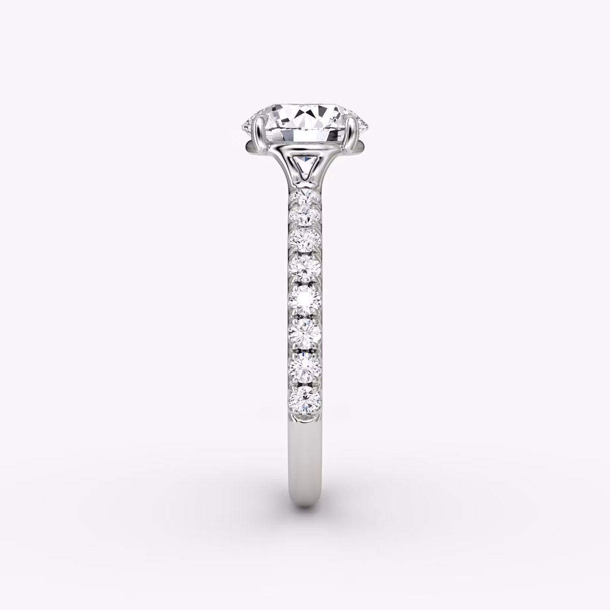 The Signature | Round Brilliant | Platinum | bandAccent: Pavé | bandWidth: large | caratWeight: 1.0ct | hiddenHalo: no | diamondOrientation: vertical