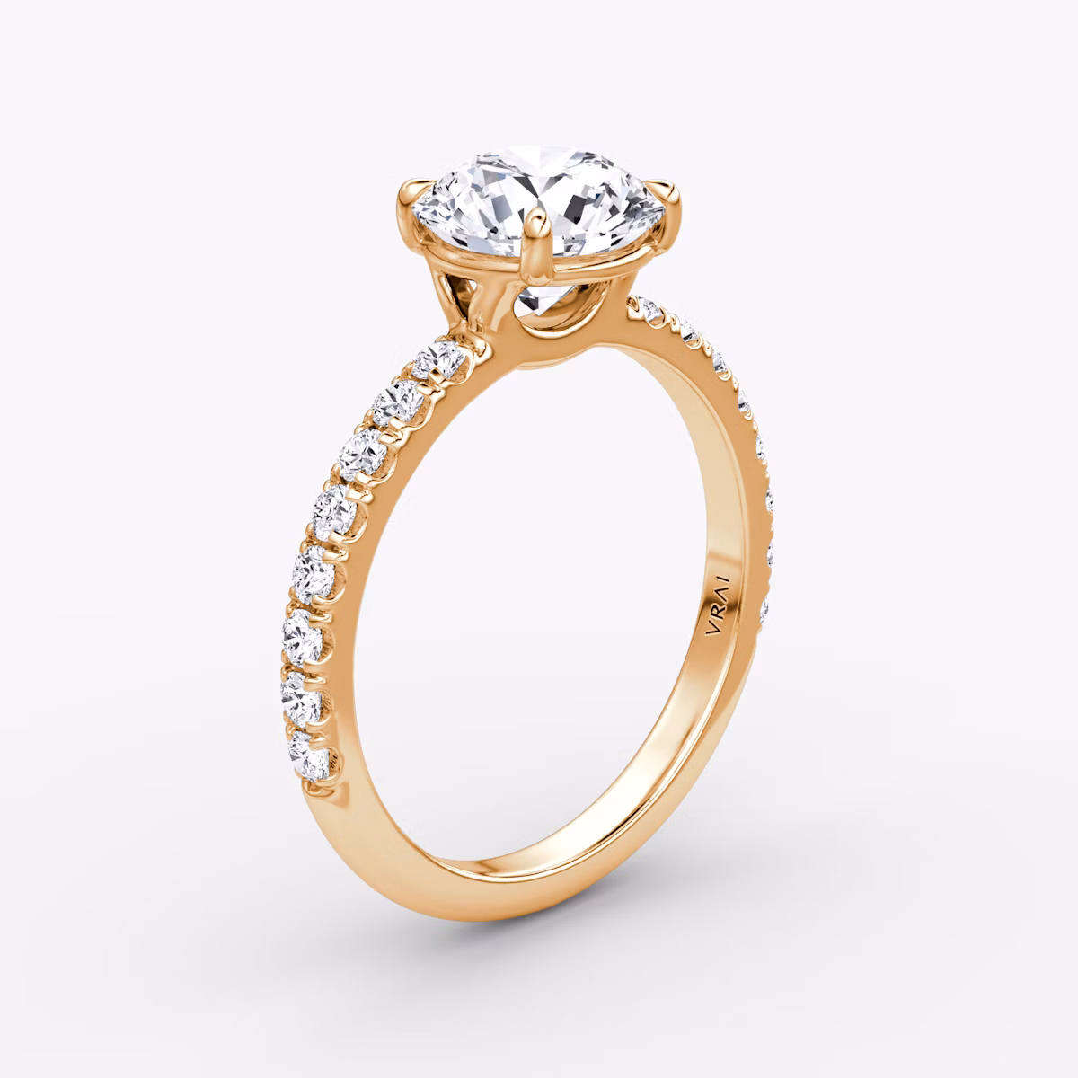 The Signature | Round Brilliant | 14k | Rose Gold | bandAccent: Pavé | bandWidth: large | caratWeight: other | hiddenHalo: no | diamondOrientation: vertical