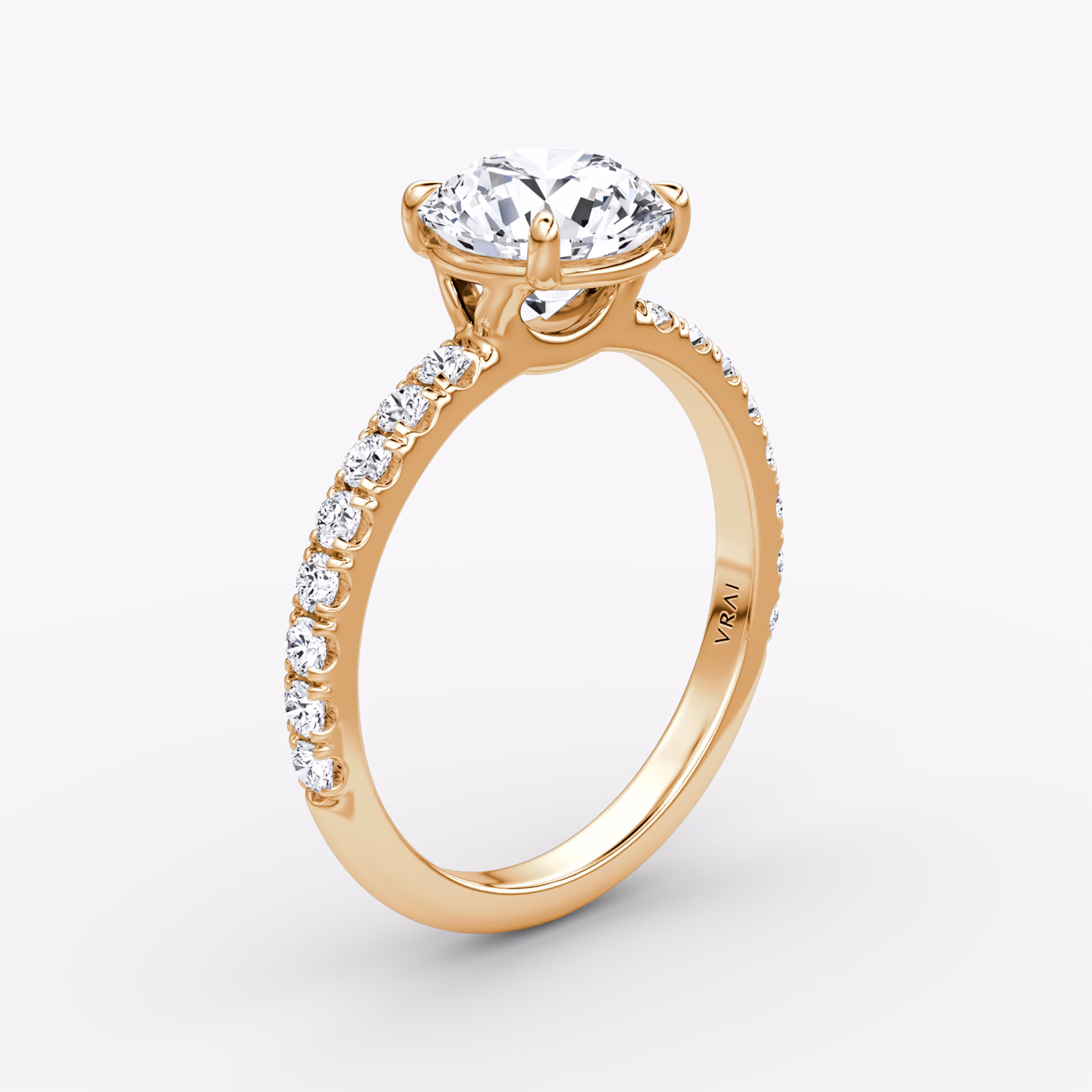 The Signature | Round Brilliant | 14k | Rose Gold | bandAccent: Pavé | bandWidth: large | caratWeight: other | hiddenHalo: no | diamondOrientation: vertical