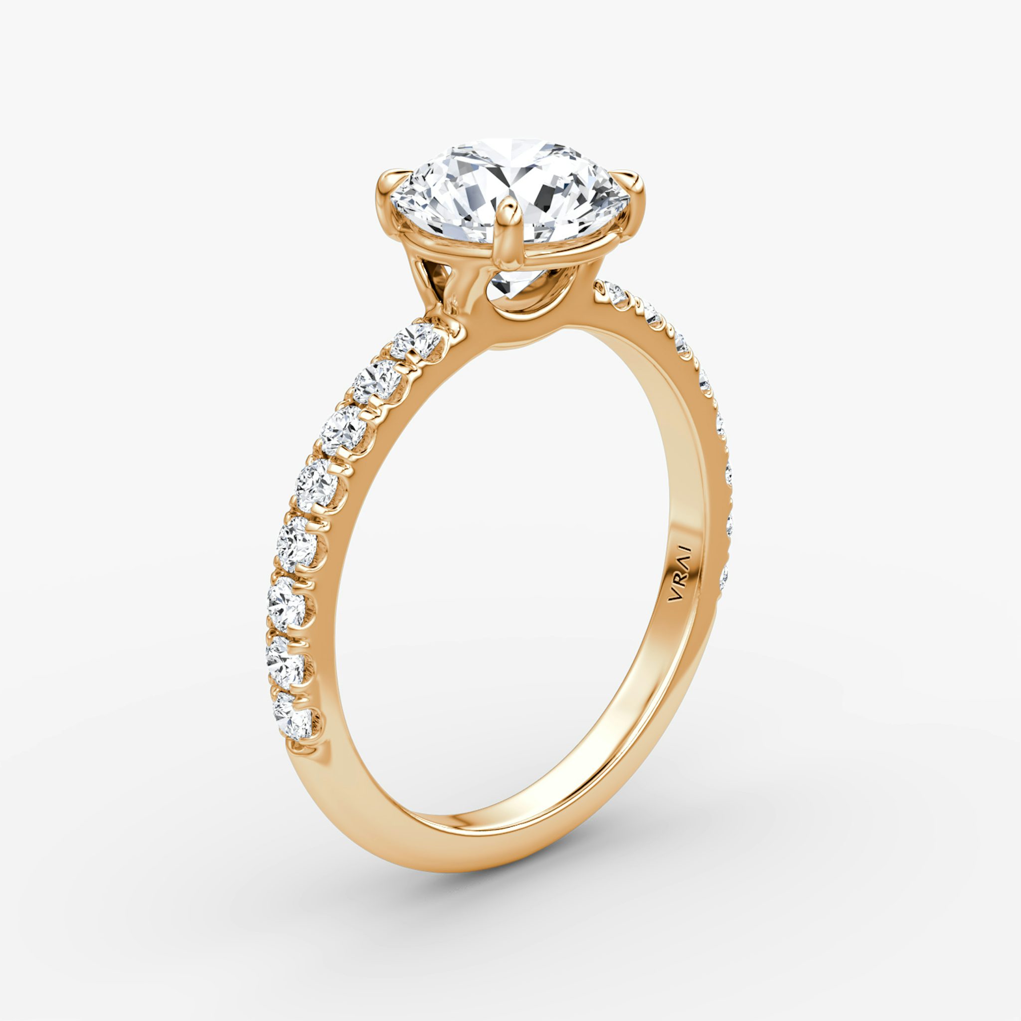 The Signature | Round Brilliant | 14k | Rose Gold | bandAccent: Pavé | bandWidth: large | caratWeight: other | hiddenHalo: no | diamondOrientation: vertical