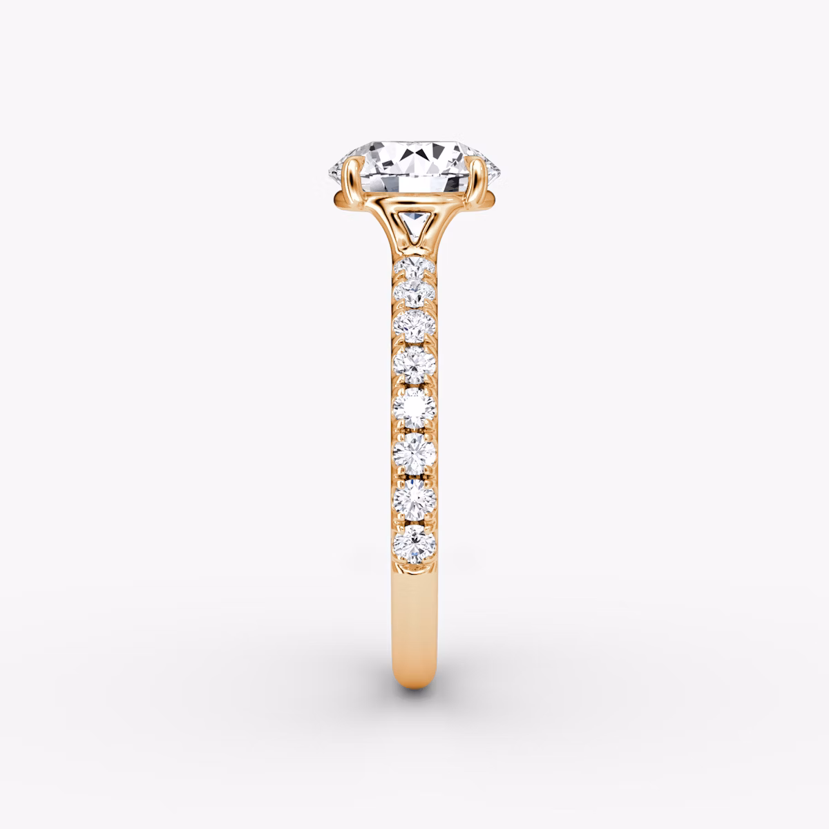 The Signature | Round Brilliant | 14k | Rose Gold | bandAccent: Pavé | bandWidth: large | caratWeight: other | hiddenHalo: no | diamondOrientation: vertical