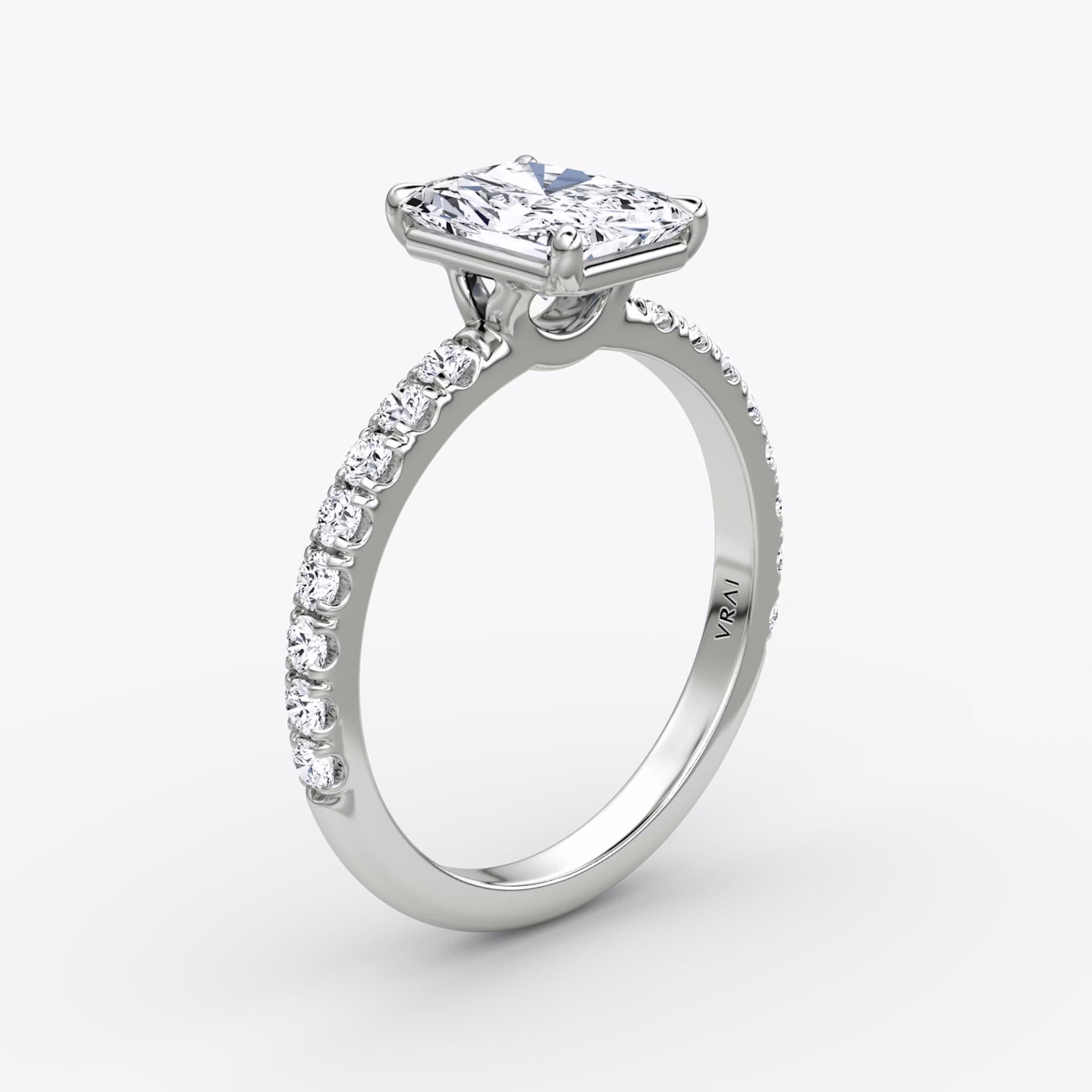 The Signature | Radiant | 18k | White Gold | bandAccent: Pavé | bandWidth: large | hiddenHalo: no | diamondOrientation: vertical | caratWeight: other