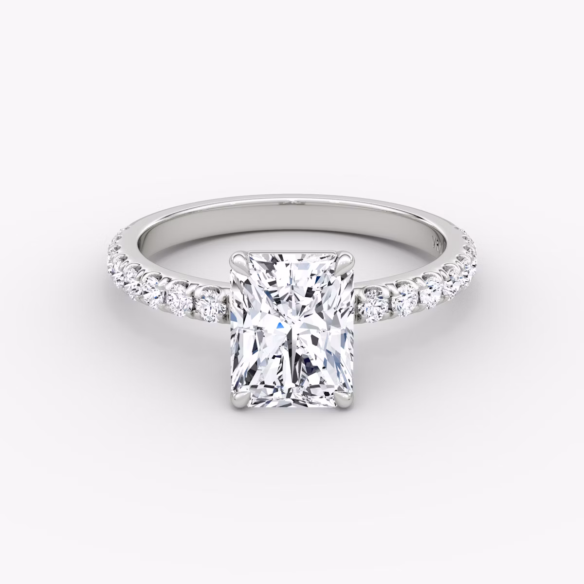 The Signature | Radiant | 18k | White Gold | bandAccent: Pavé | bandWidth: large | hiddenHalo: no | diamondOrientation: vertical | caratWeight: other