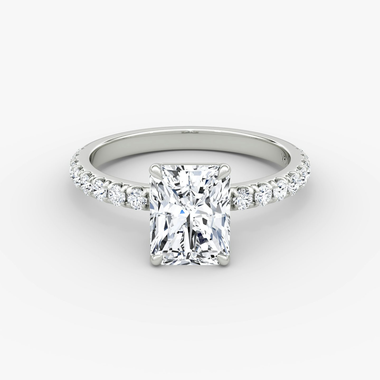 The Signature | Radiant | 18k | White Gold | bandAccent: Pavé | bandWidth: large | hiddenHalo: no | diamondOrientation: vertical | caratWeight: other